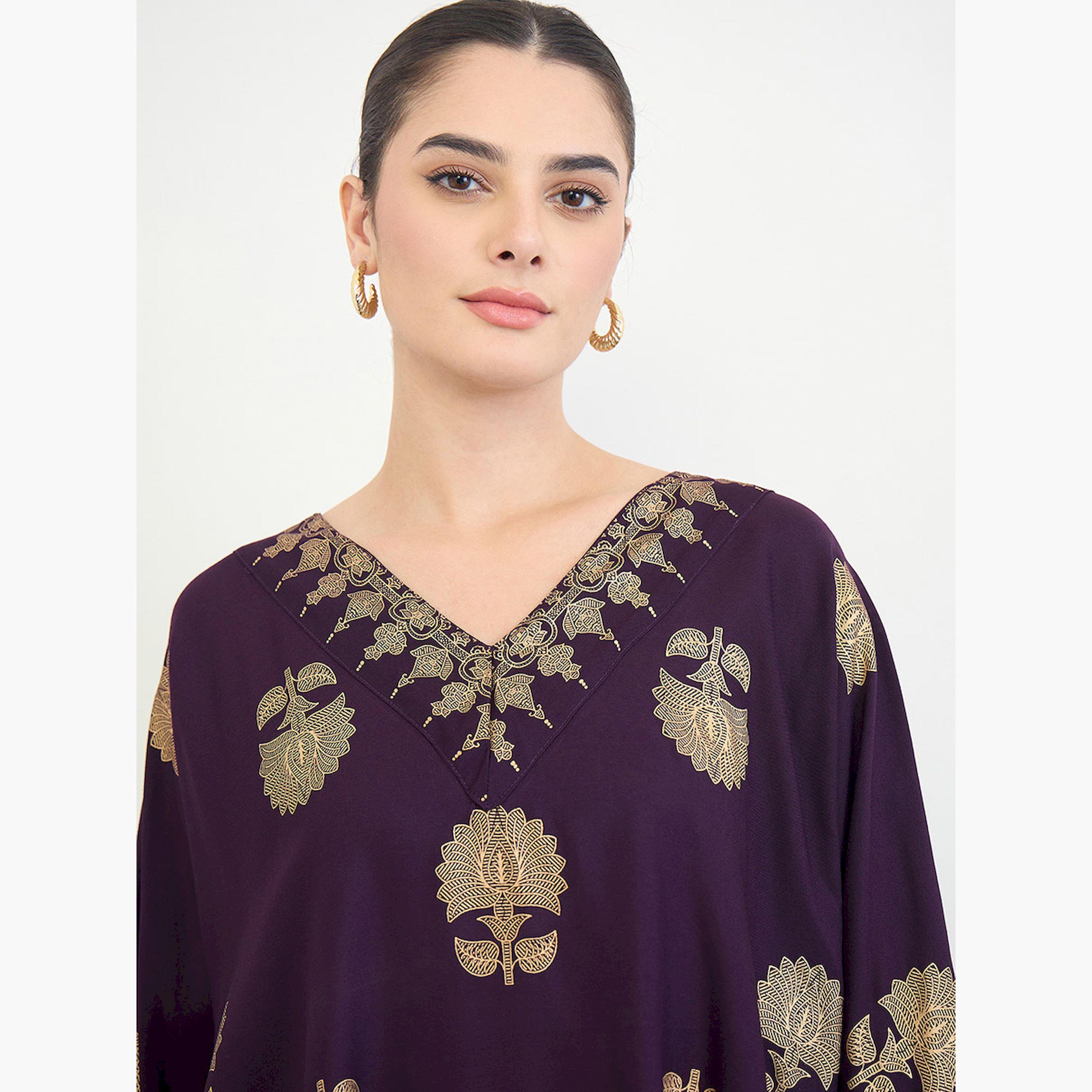 Amirah X Styli Purple Foil Print Kimono Sleeves Jalabiya-women-arabicclothing-jalabiyas-image-5