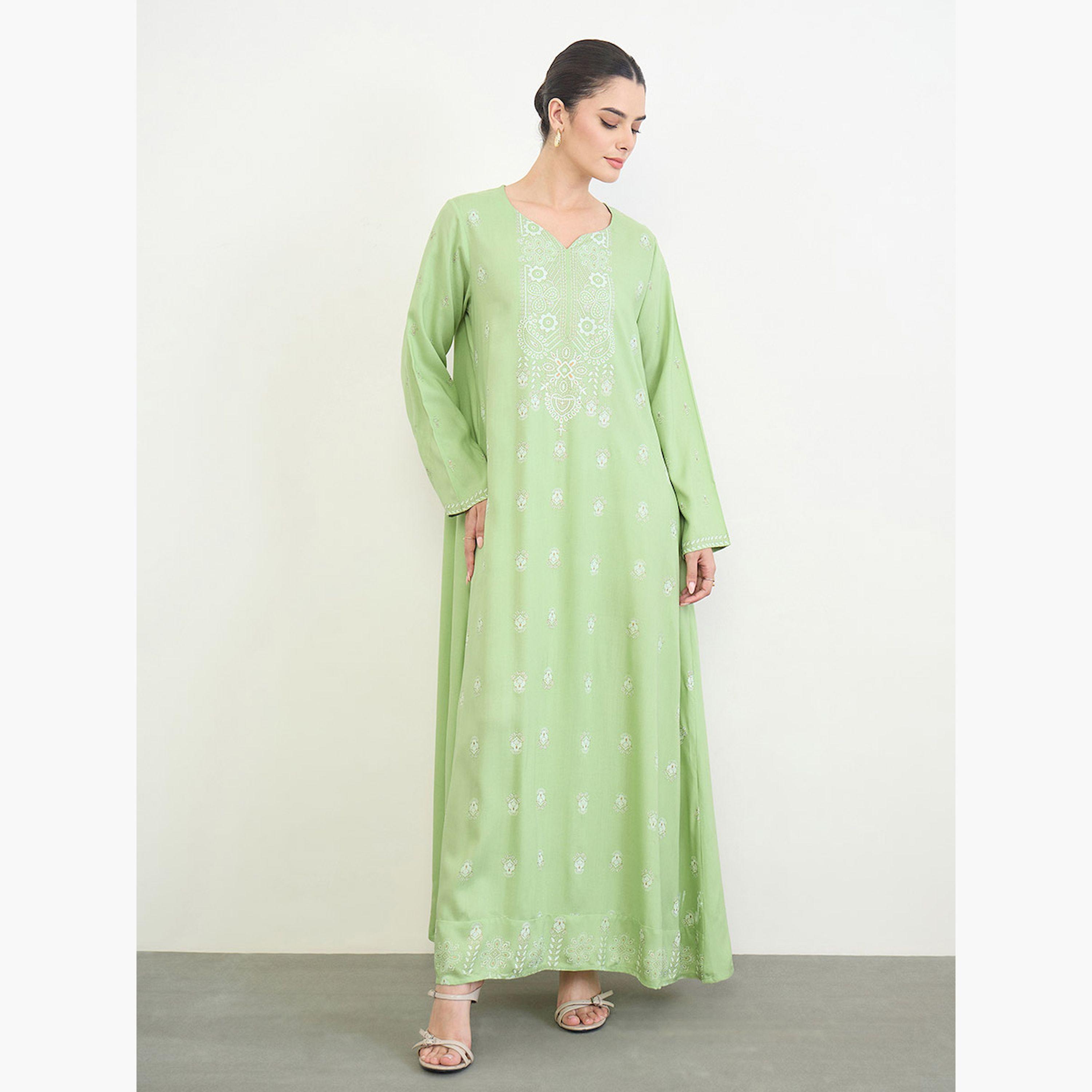 Amirah X Styli Green Paisley Print Long Sleeves Jalabiya-women-arabicclothing-jalabiyas-image-2