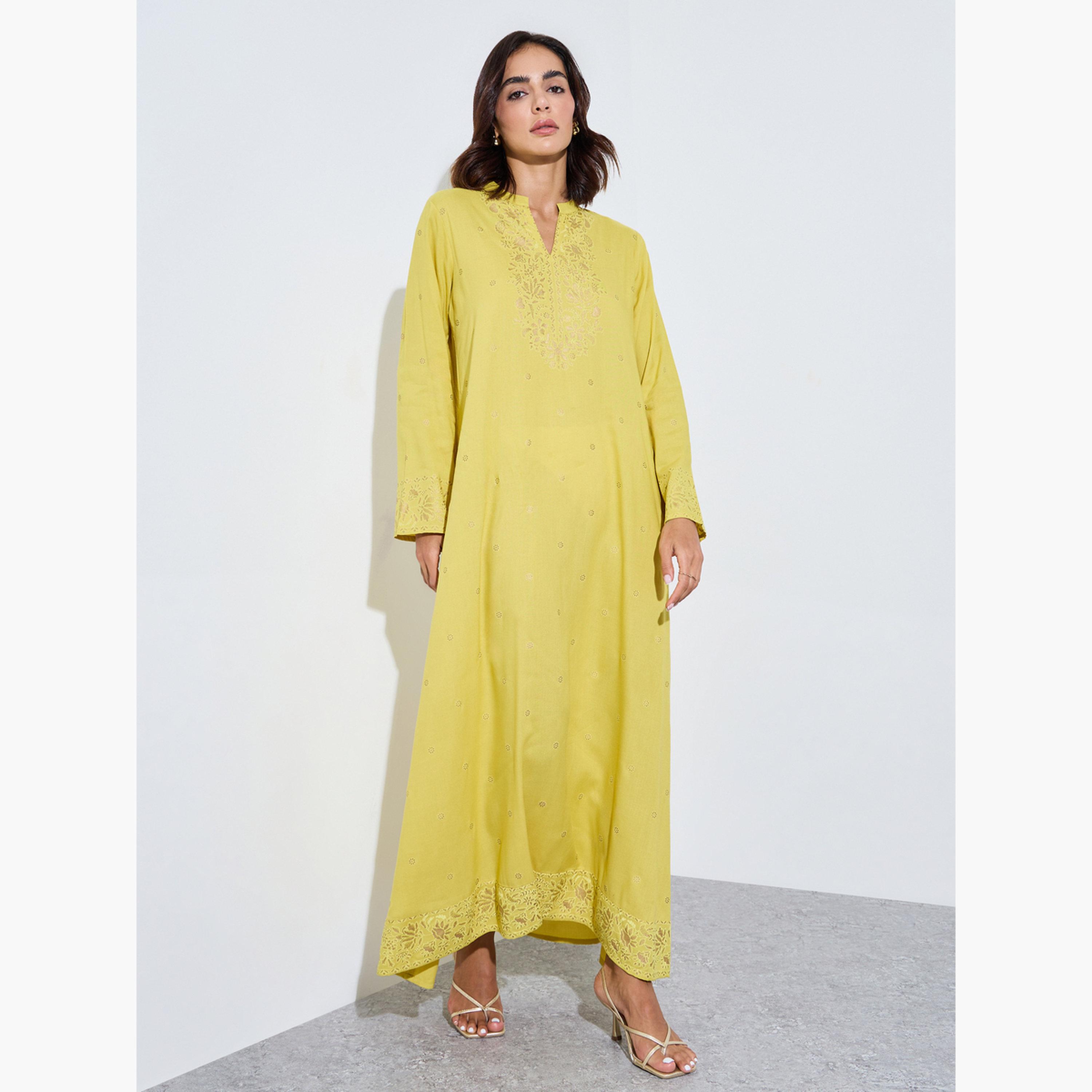 Amirah X Styli Yellow Foil Print Long Sleeves Jalabiya-women-arabicclothing-jalabiyas-image-1