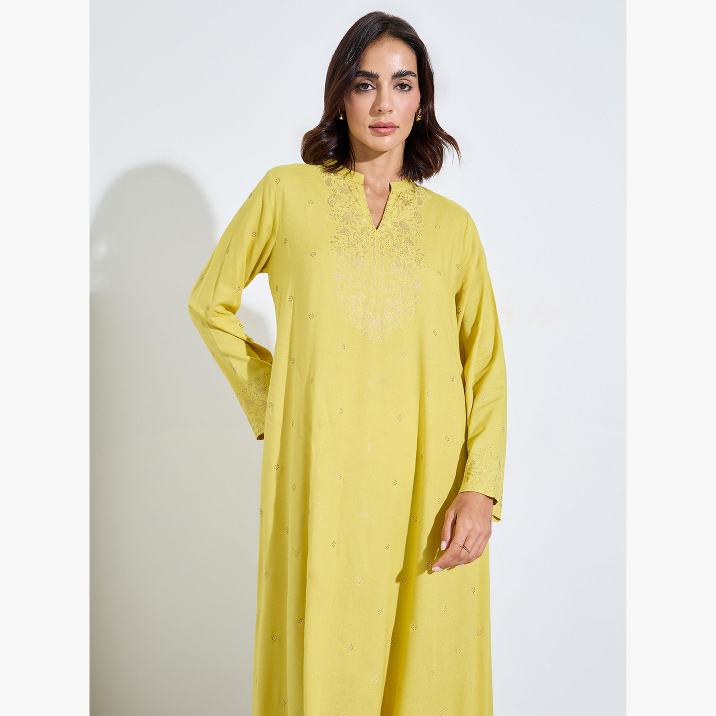 Amirah X Styli Yellow Foil Print Long Sleeves Jalabiya-women-arabicclothing-jalabiyas-image-2
