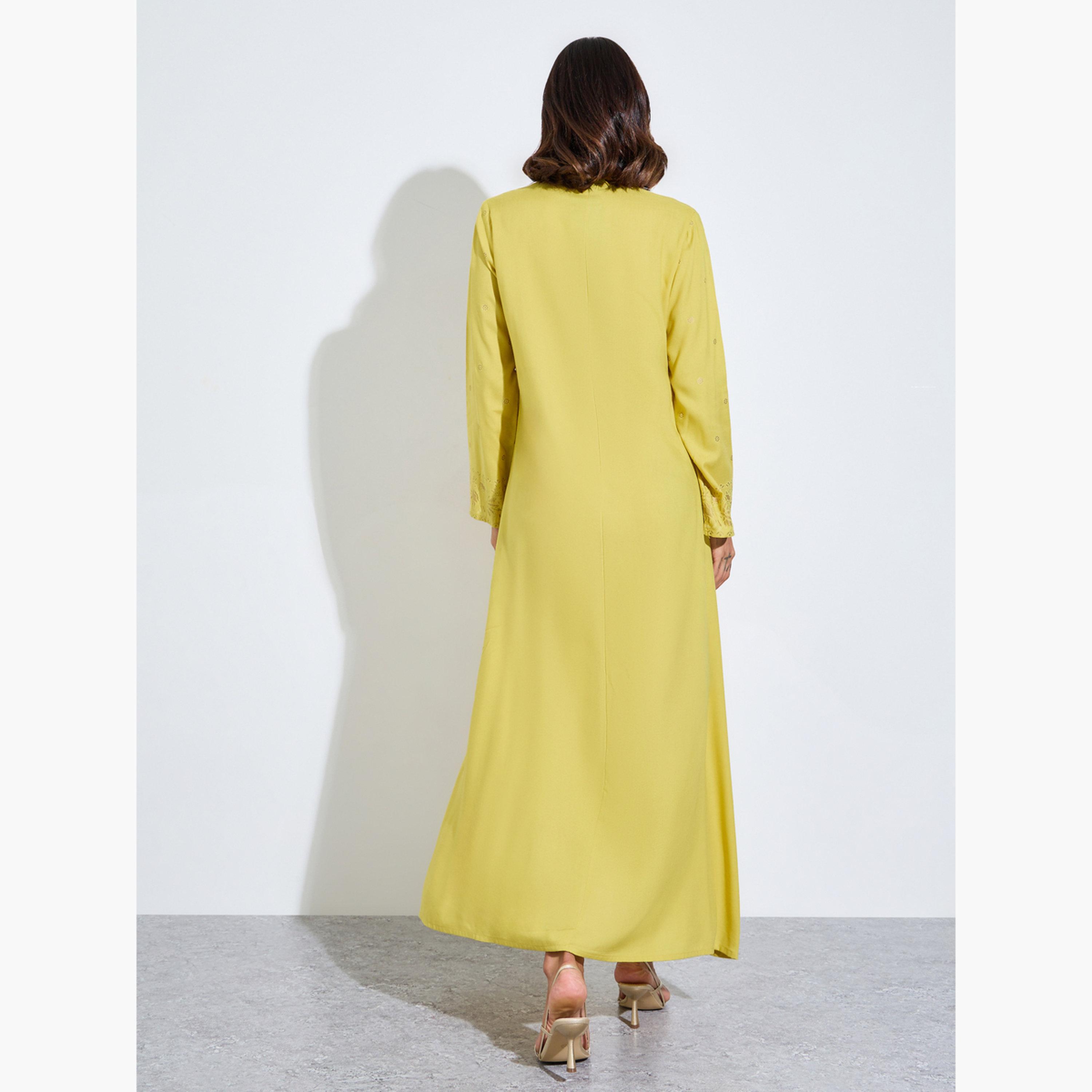 Amirah X Styli Yellow Foil Print Long Sleeves Jalabiya-women-arabicclothing-jalabiyas-image-3