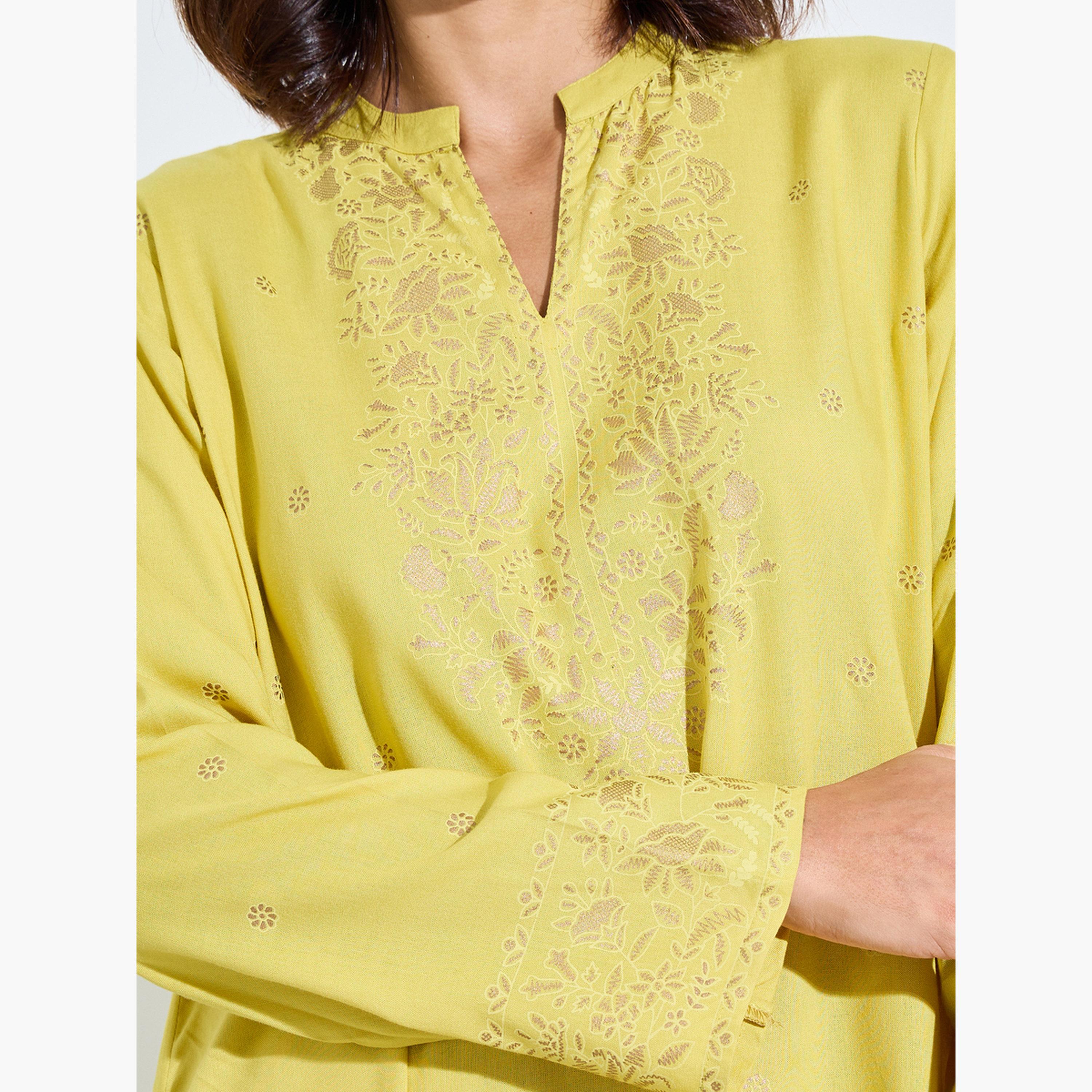 Amirah X Styli Yellow Foil Print Long Sleeves Jalabiya-women-arabicclothing-jalabiyas-image-4