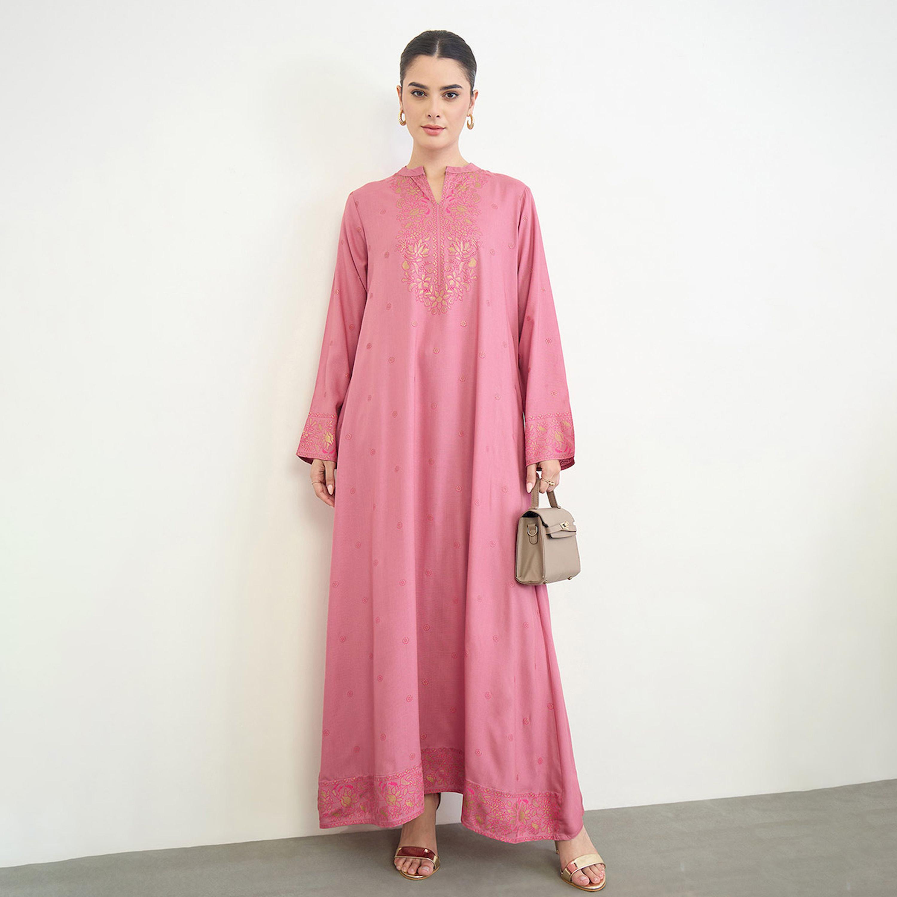 Amirah X Styli Pink Foil Print Long Sleeves Jalabiya-women-arabicclothing-jalabiyas-image-1