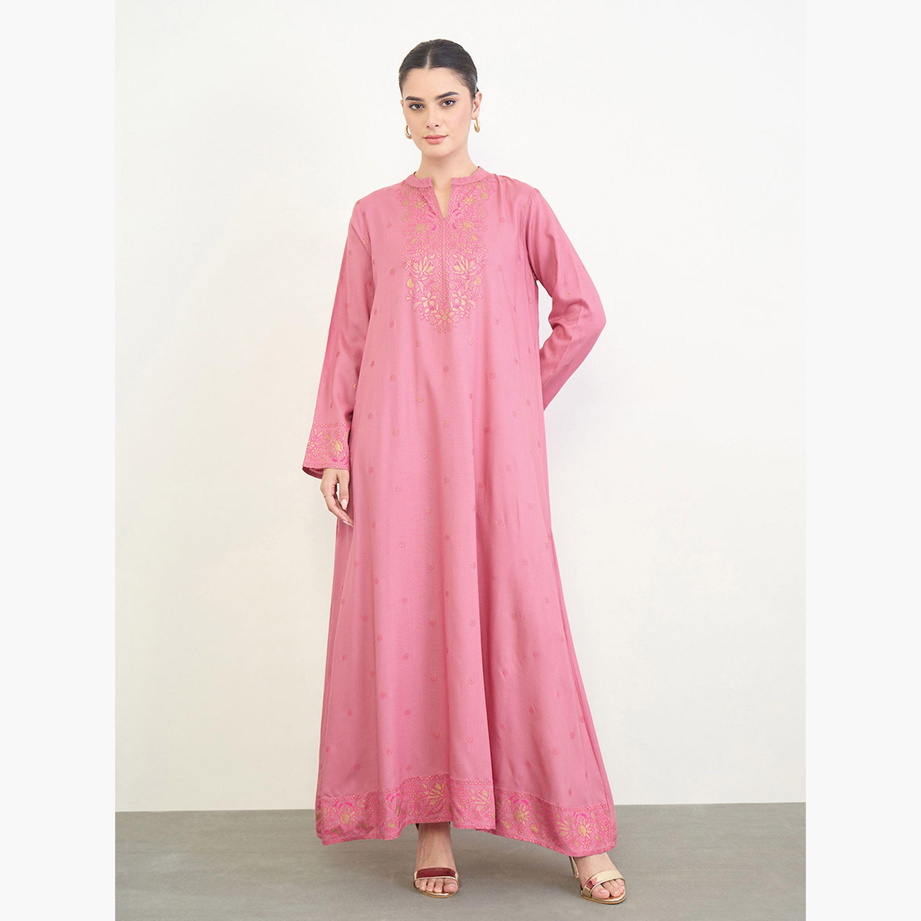 Amirah X Styli Pink Foil Print Long Sleeves Jalabiya-women-arabicclothing-jalabiyas-image-2