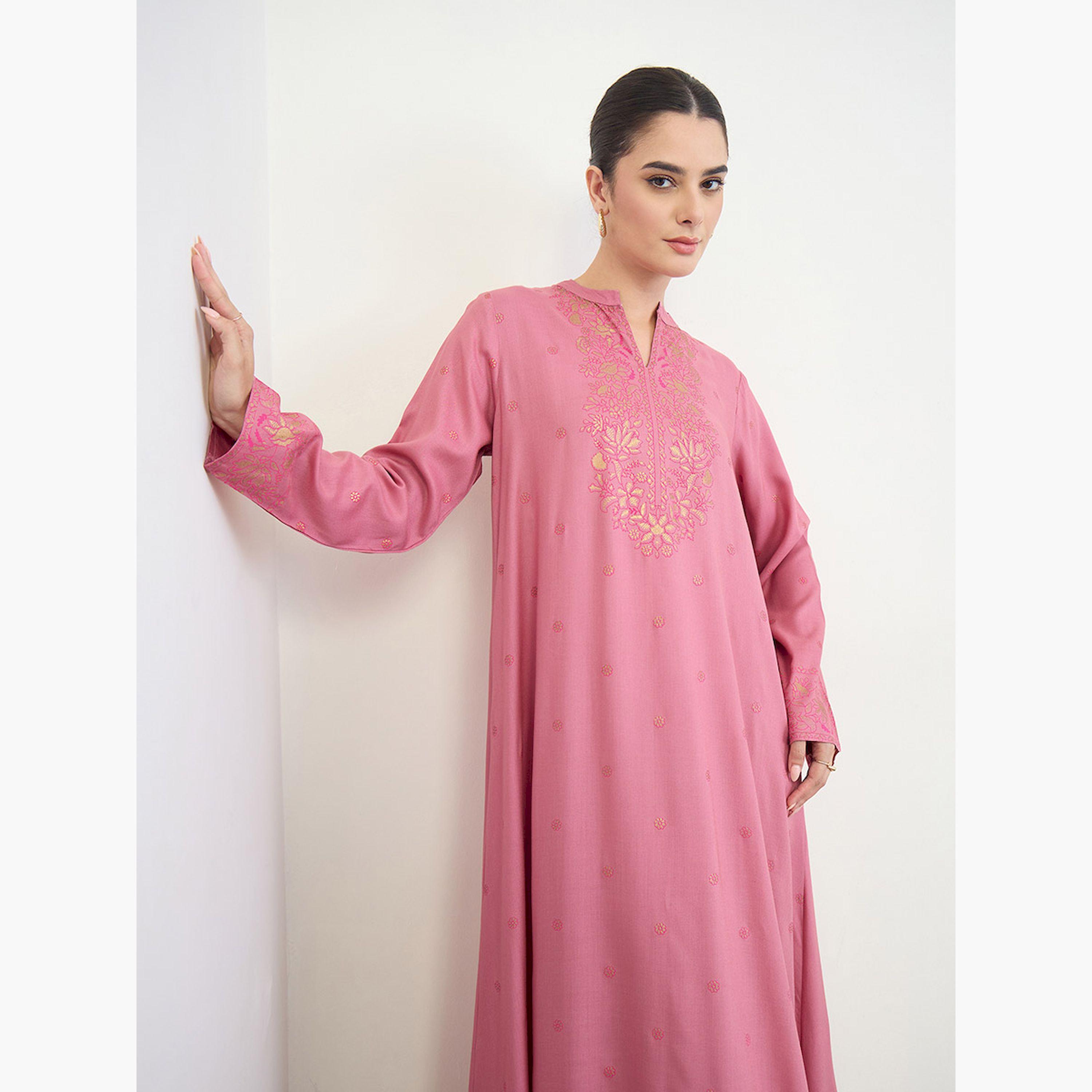 Amirah X Styli Pink Foil Print Long Sleeves Jalabiya-women-arabicclothing-jalabiyas-image-3