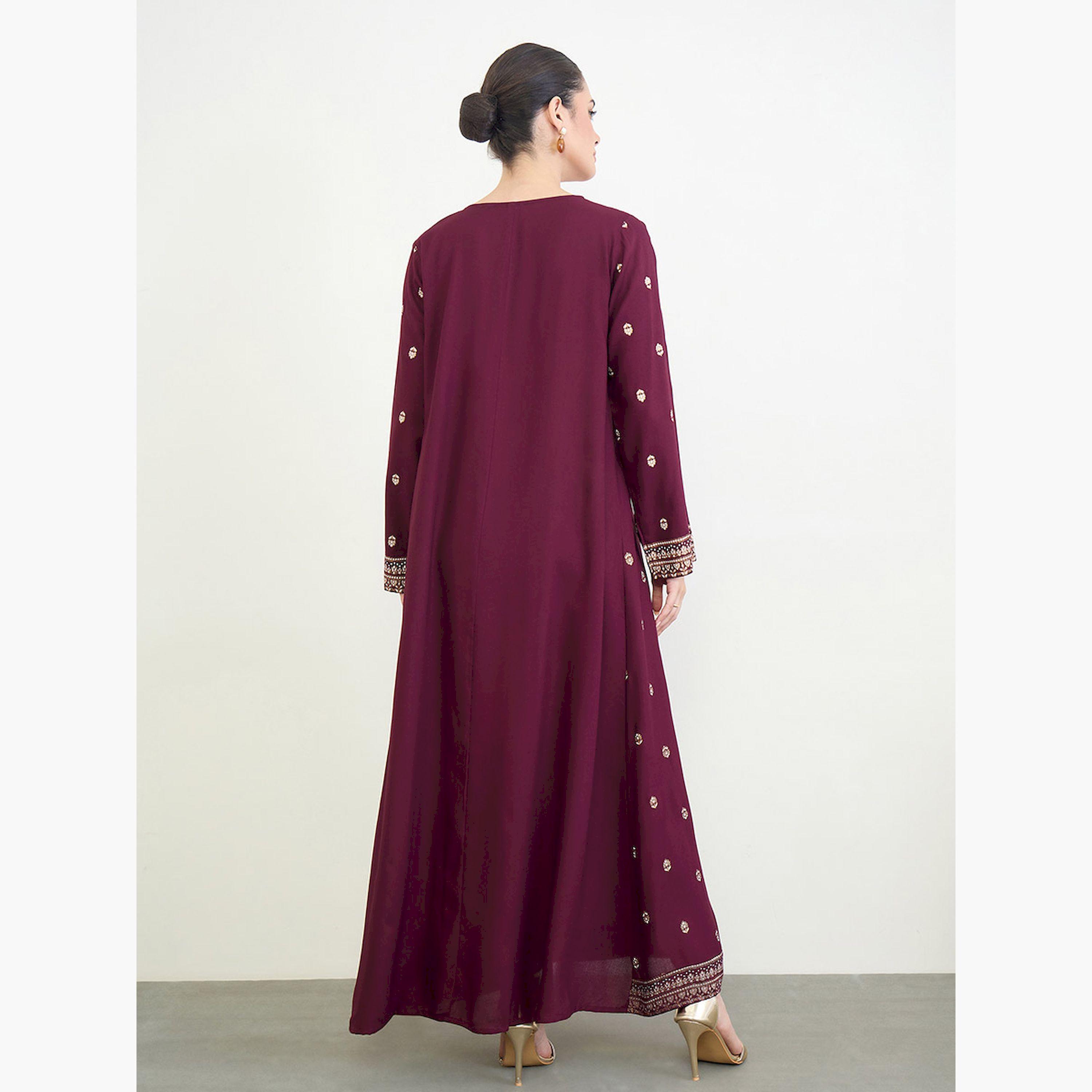 Amirah X Styli Burgundy Border Print Long Sleeve Jalabiya-women-arabicclothing-jalabiyas-image-4