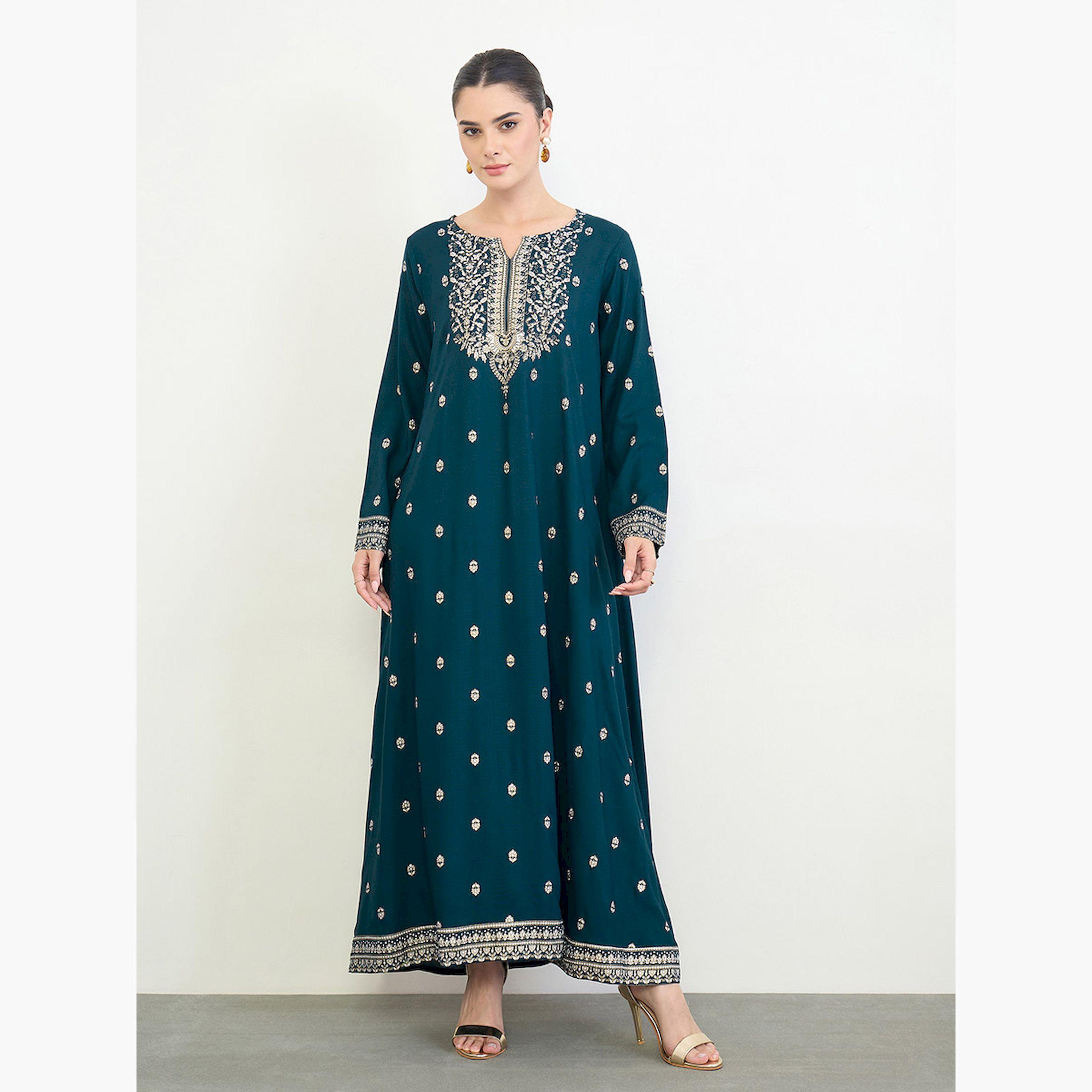 Amirah X Styli Navy Blue Border Print Long Sleeve Jalabiya-women-arabicclothing-jalabiyas-image-1