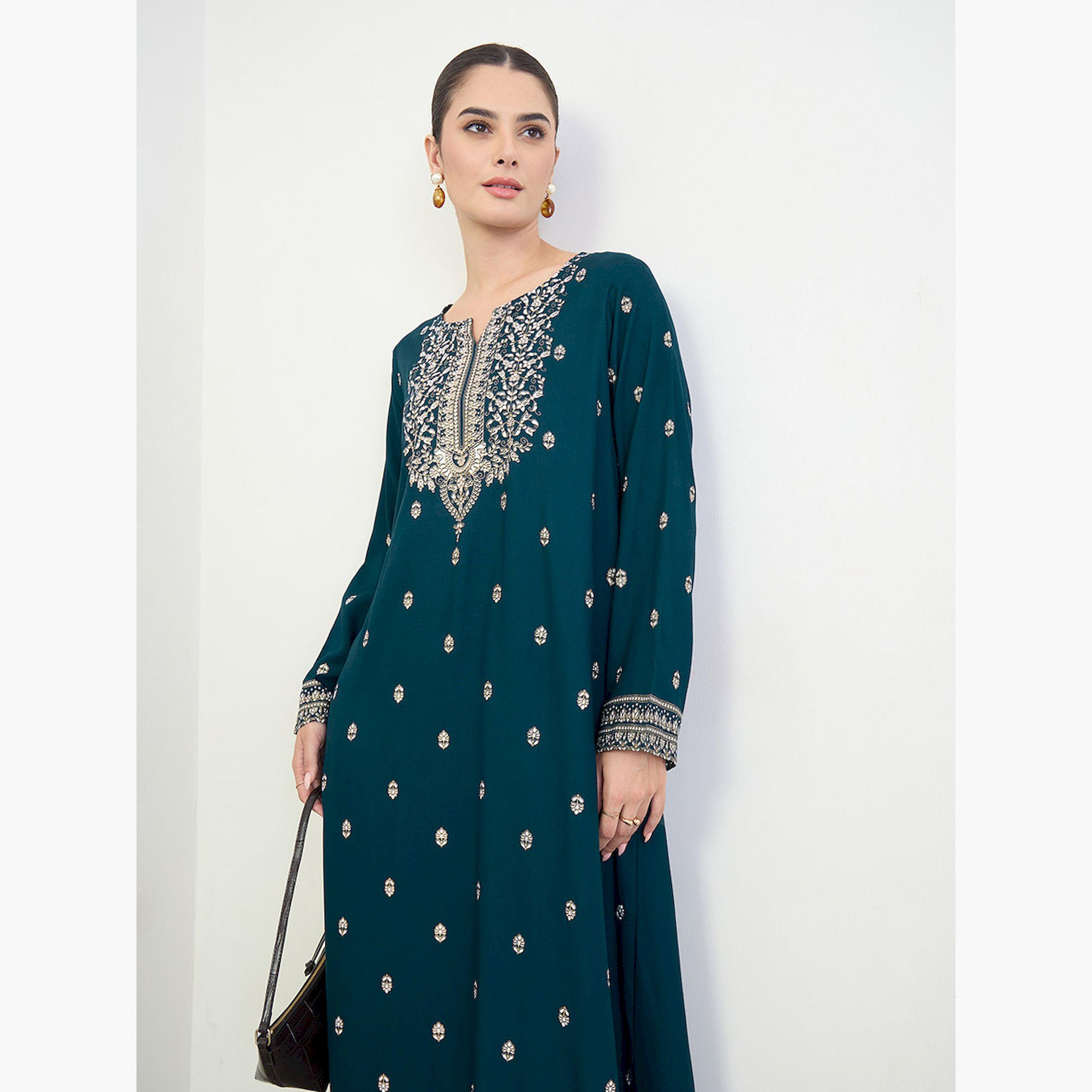Amirah X Styli Navy Blue Border Print Long Sleeve Jalabiya-women-arabicclothing-jalabiyas-image-3