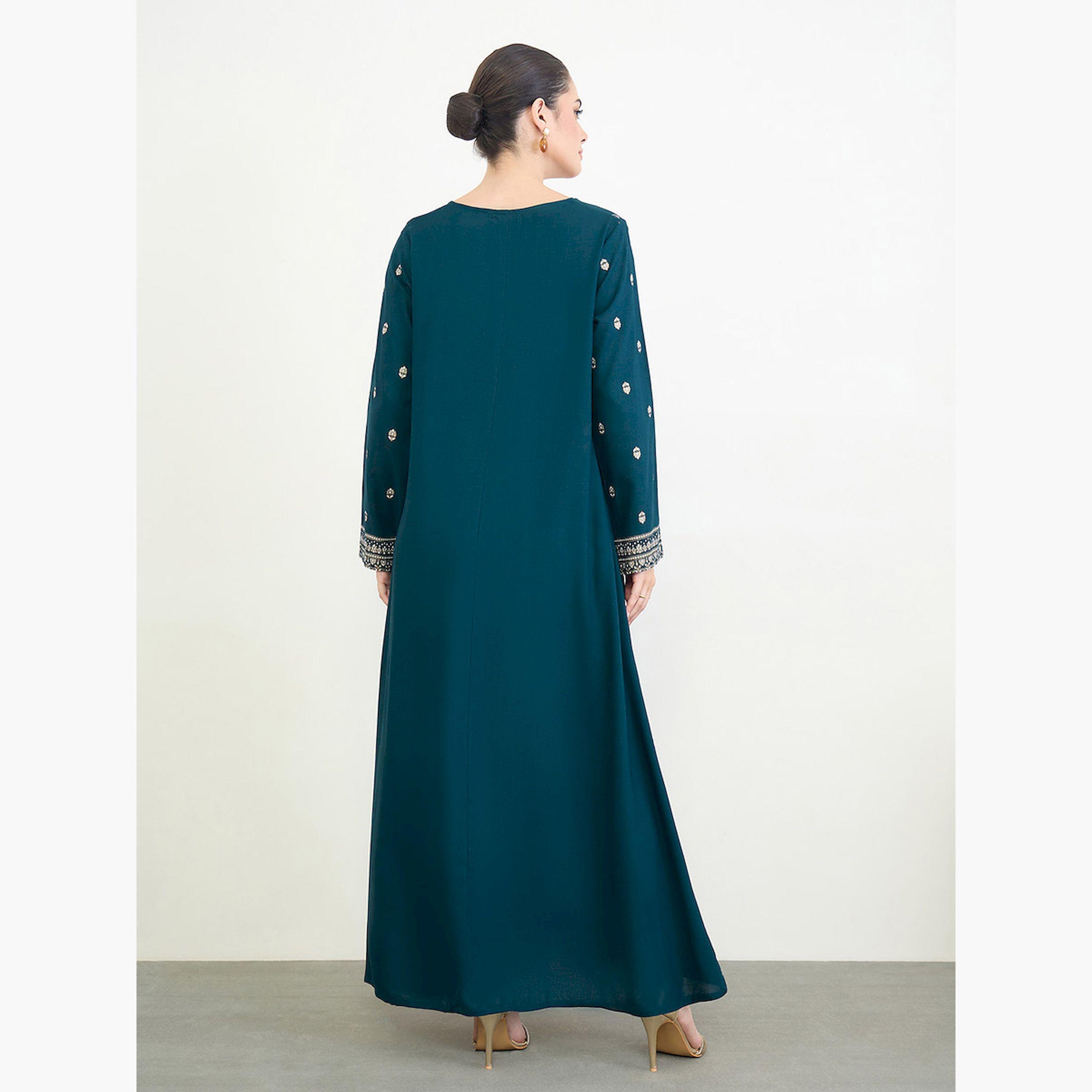 Amirah X Styli Navy Blue Border Print Long Sleeve Jalabiya-women-arabicclothing-jalabiyas-image-4