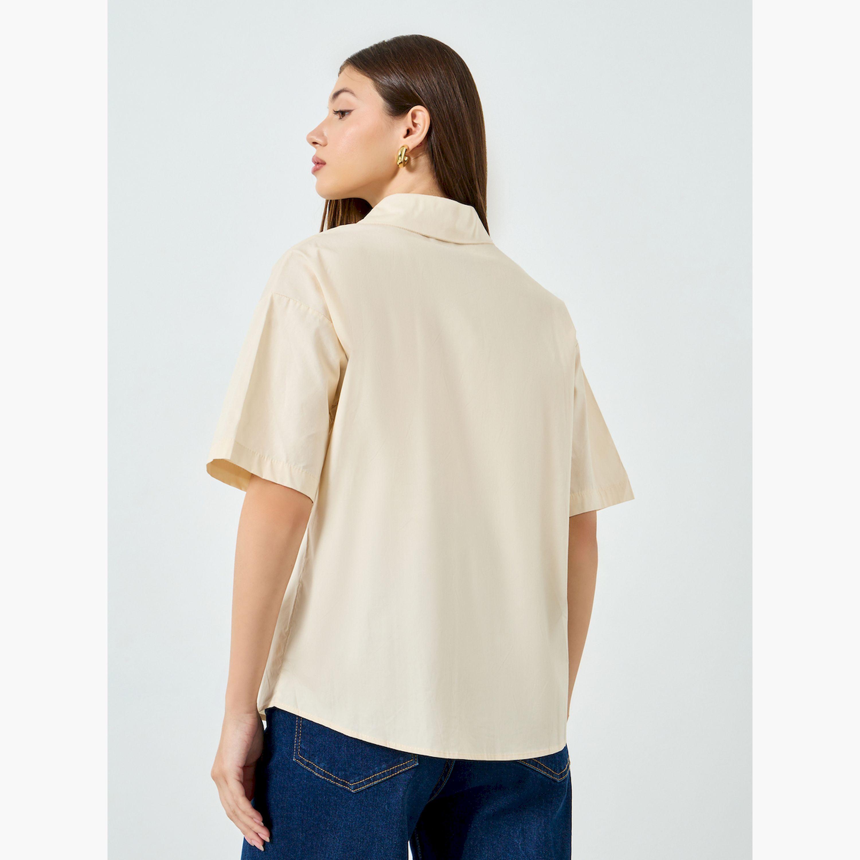 Styli Beige Solid Short Sleeve Shirt-women-clothing-shirtsandblouses-shirts-image-4
