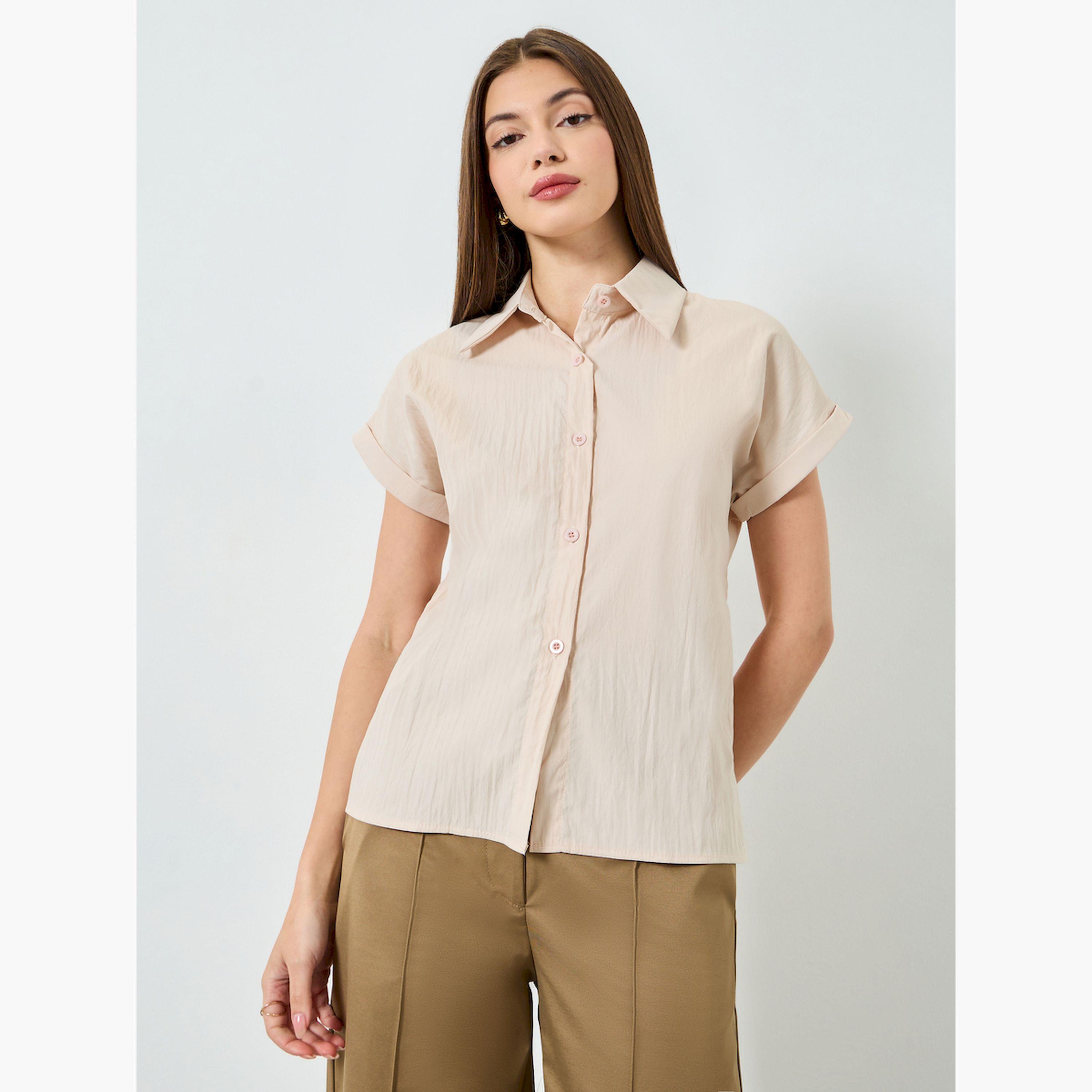 بلوزة بأكمام قصيرة سادة بأزرار-women-clothing-shirtsandblouses-shirts-image-1