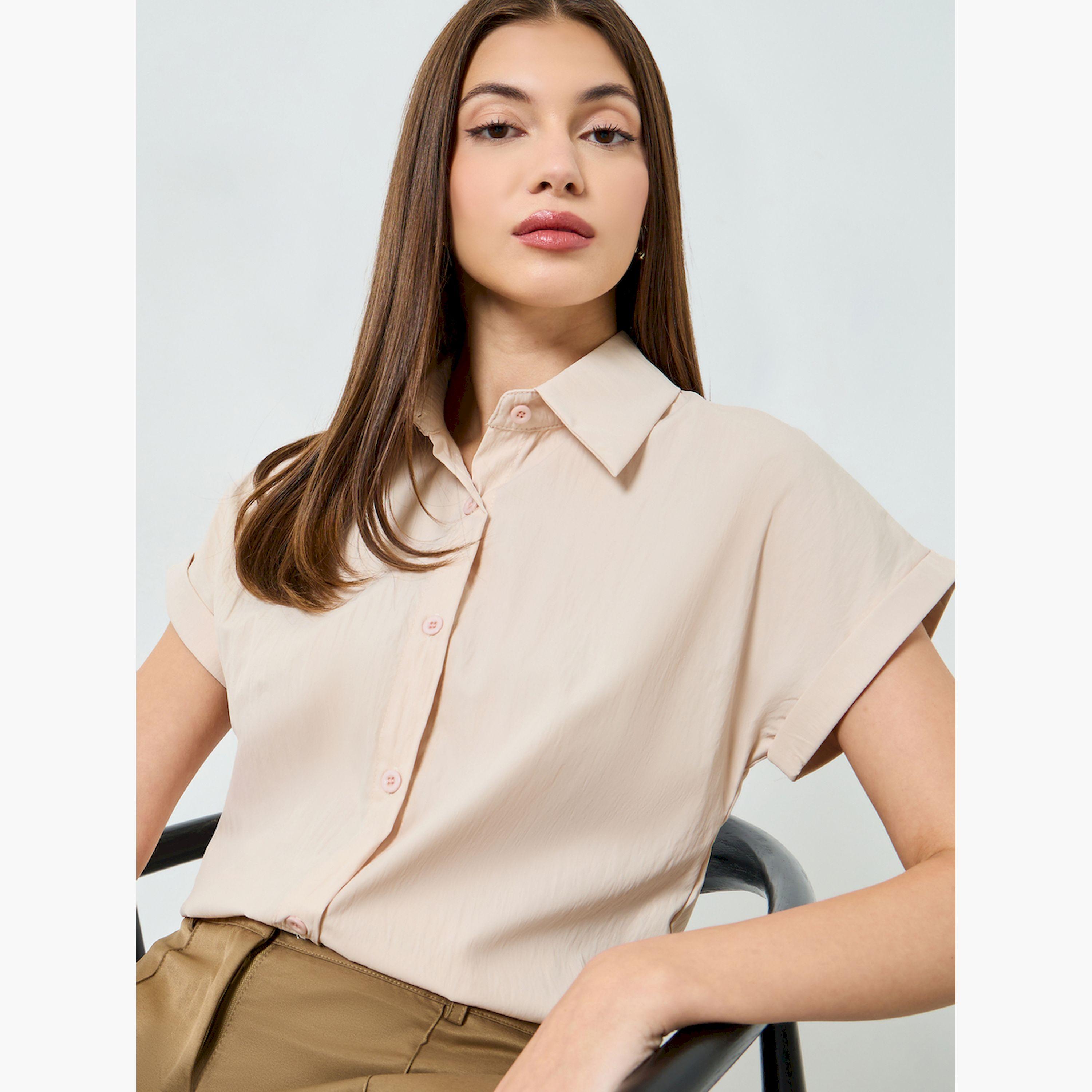 بلوزة بأكمام قصيرة سادة بأزرار-women-clothing-shirtsandblouses-shirts-image-3