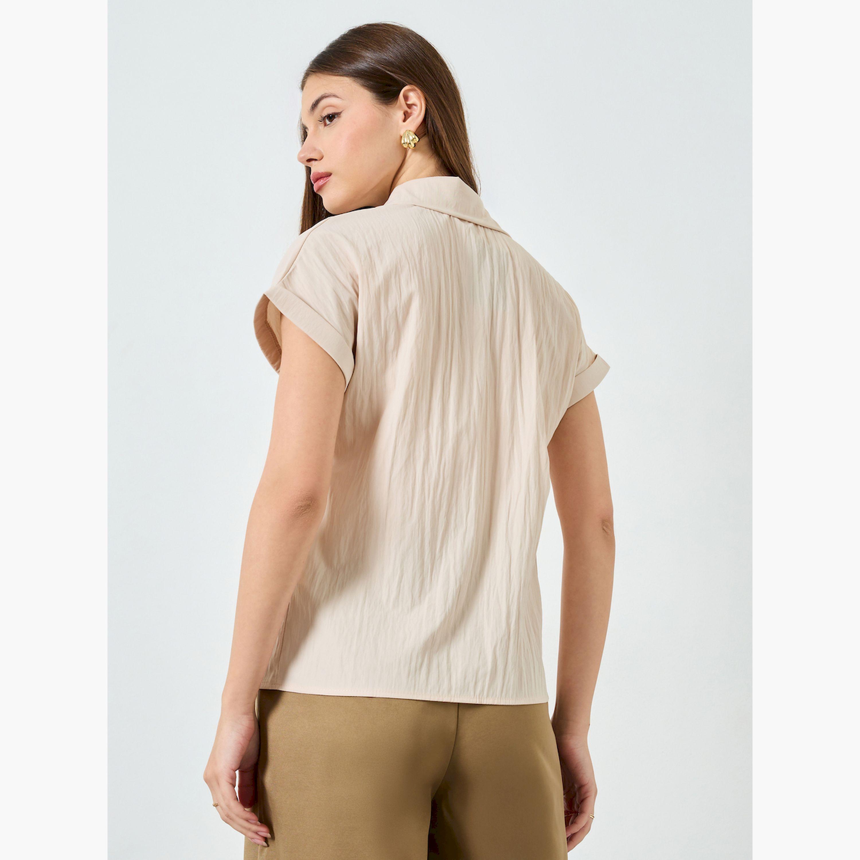 Styli Beige Solid Buttoned Short Sleeve Shirt-women-clothing-shirtsandblouses-shirts-image-4
