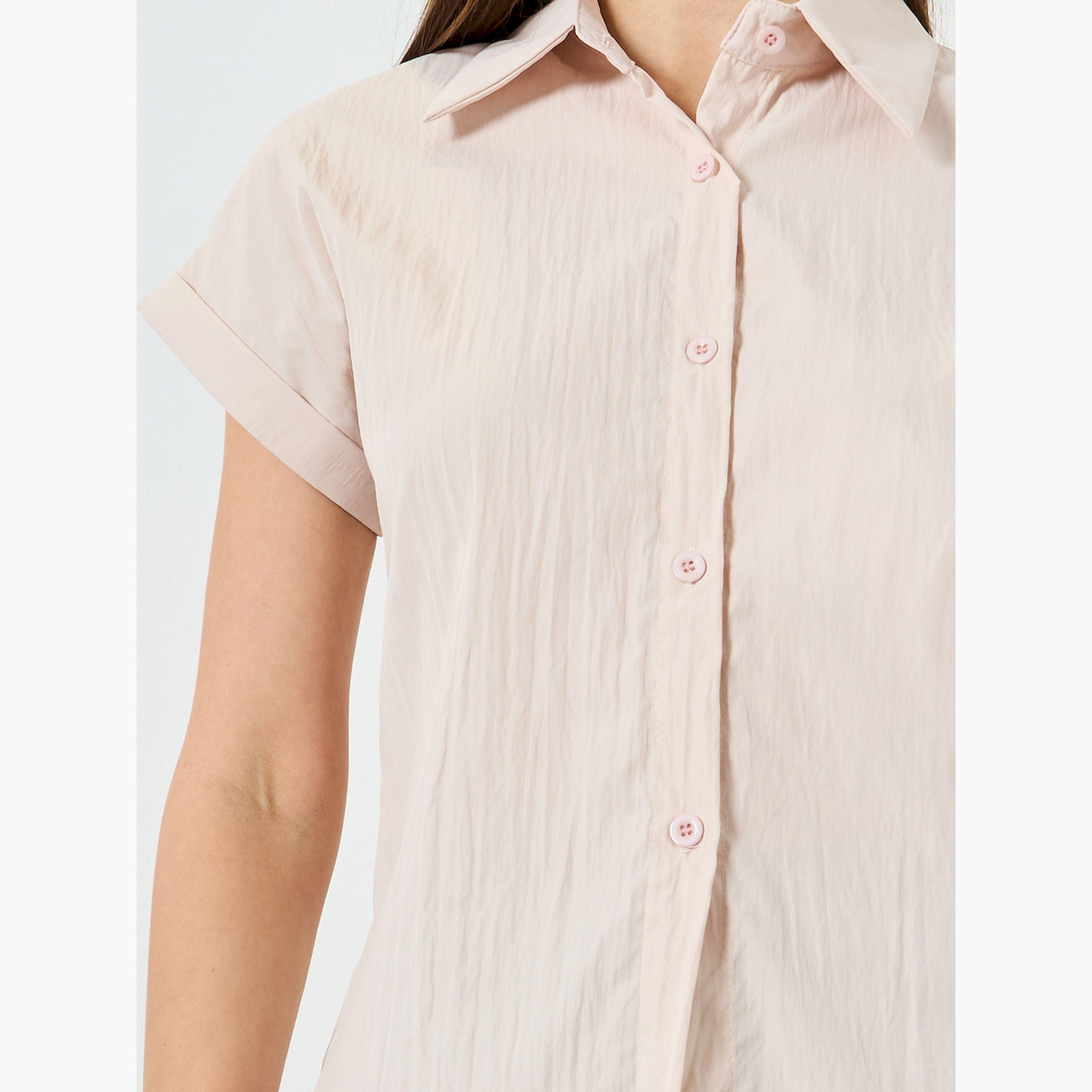 Styli Beige Solid Buttoned Short Sleeve Shirt-women-clothing-shirtsandblouses-shirts-image-5