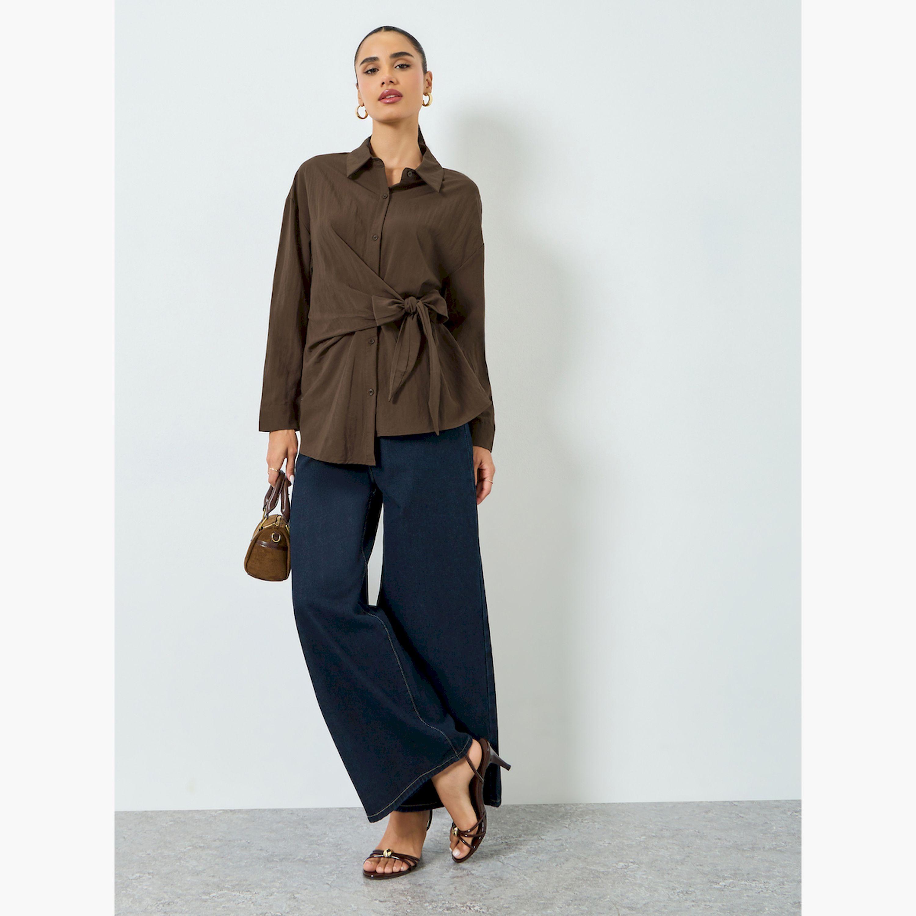 Styli Brown Long Sleeves Wrap Top-women-clothing-shirtsandblouses-blouses-image-2