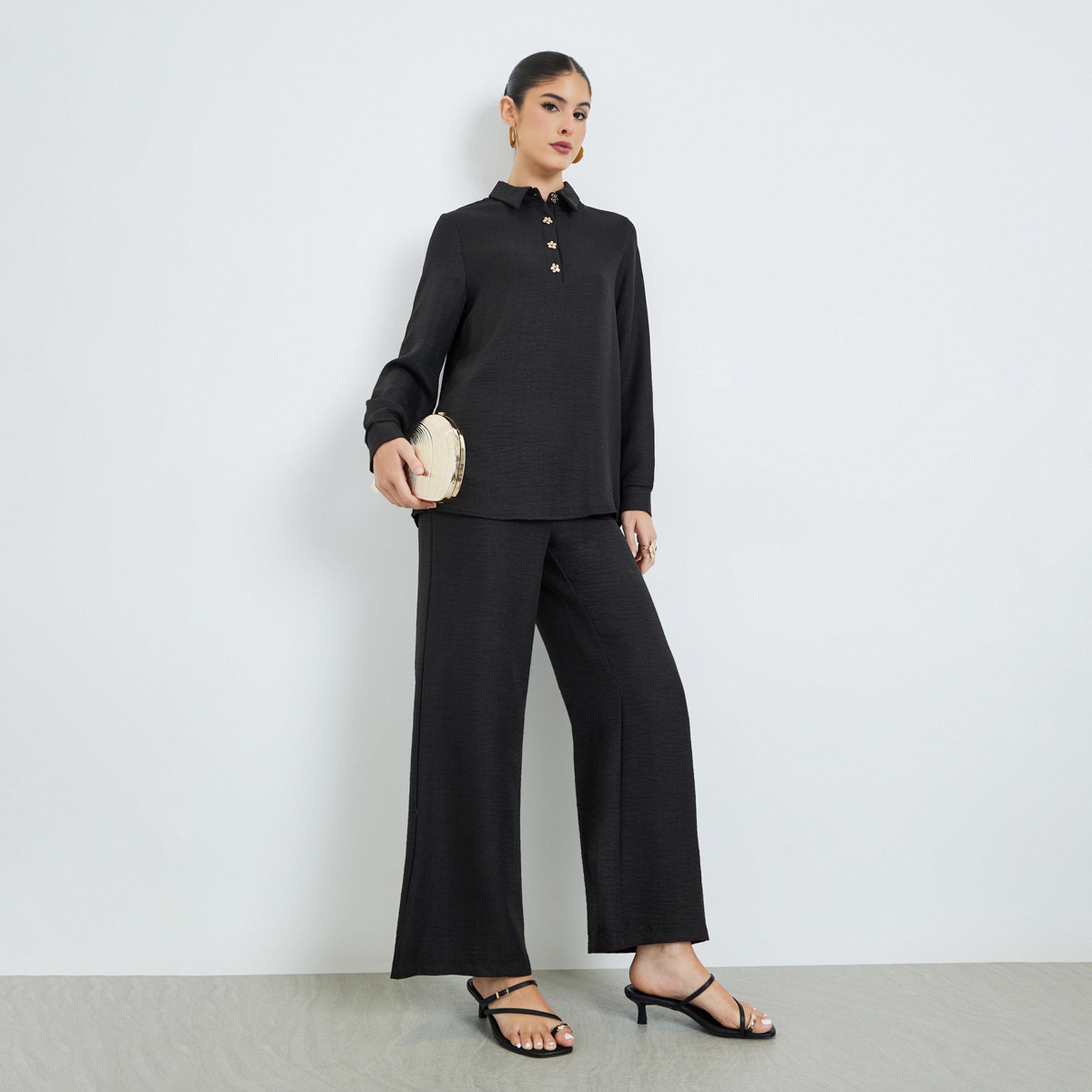 طقم محتشم من بنطال وبلوزة بأزرار بنمط زهور-women-arabicclothing-sets-image-1