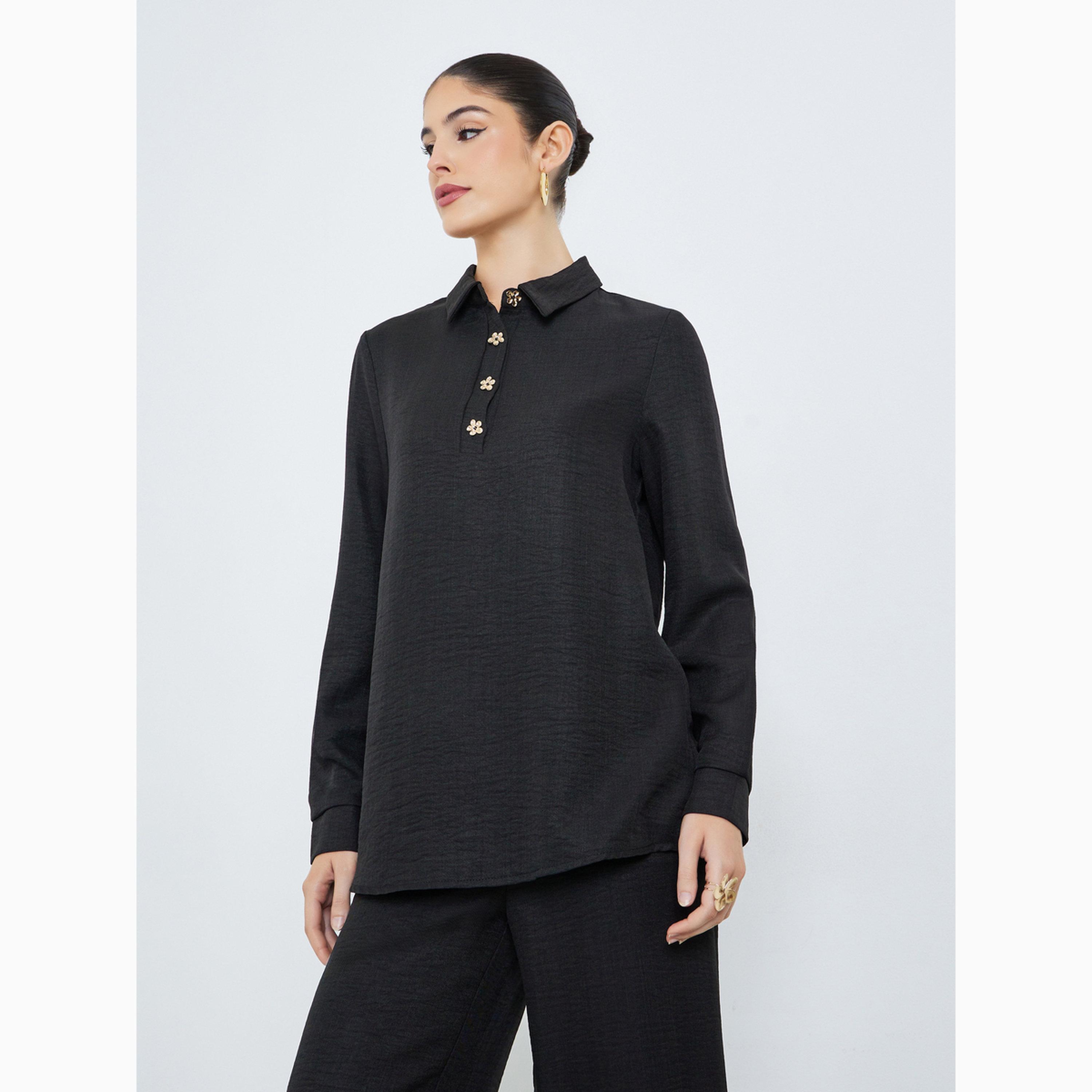 Amirah X Styli Black Flower Button Shirt and Pants Modest Set-women-arabicclothing-sets-image-2