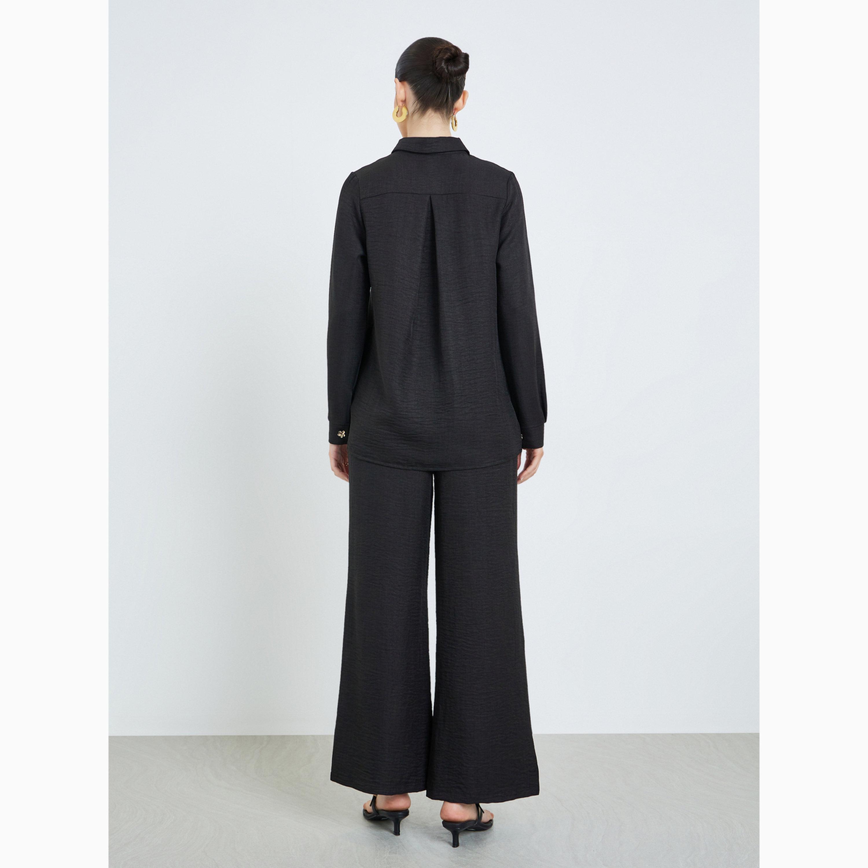 Amirah X Styli Black Flower Button Shirt and Pants Modest Set-women-arabicclothing-sets-image-5