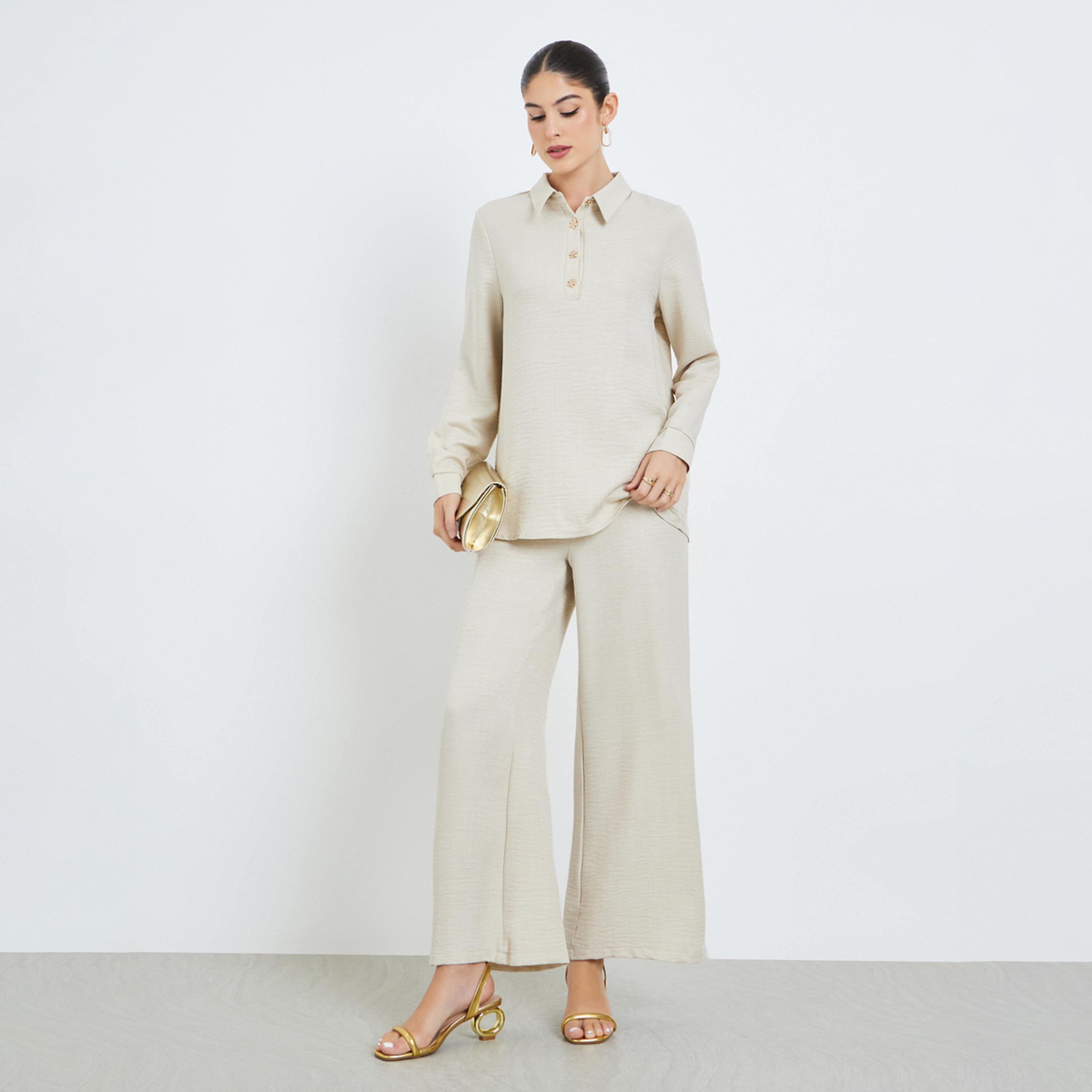 Amirah X Styli Off-White Flower Button Shirt and Pants Modest Set-women-arabicclothing-sets-image-1