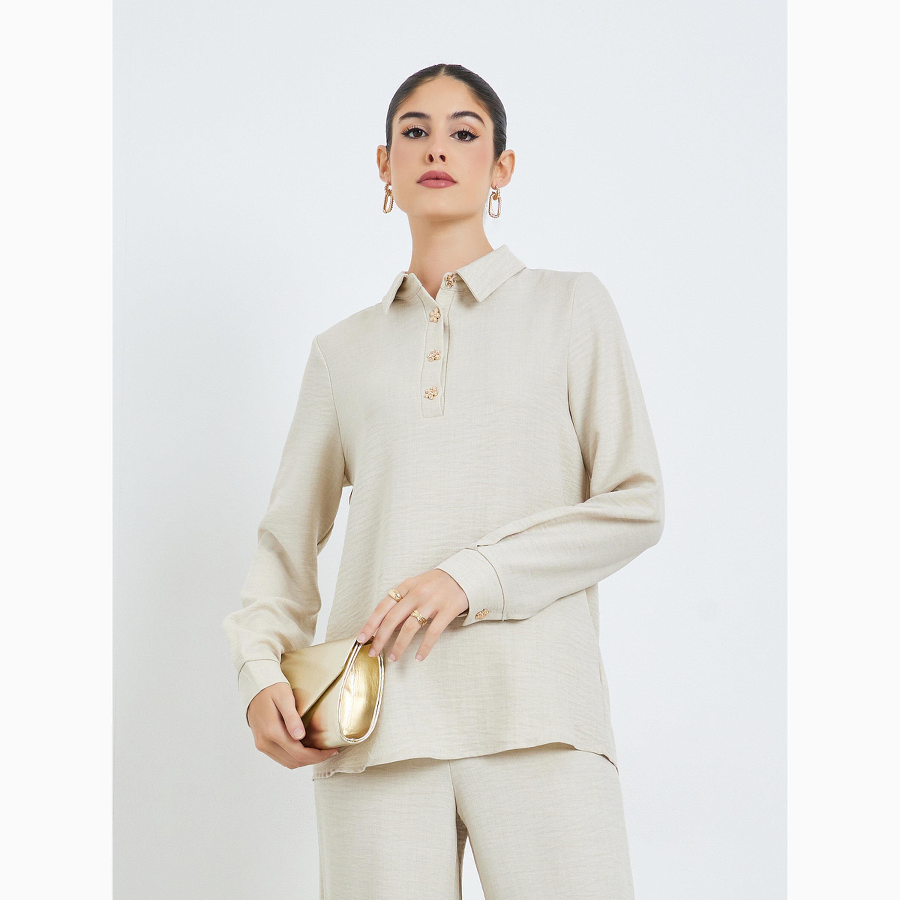 طقم محتشم من بنطال وبلوزة بأزرار بنمط زهور-women-arabicclothing-sets-image-2
