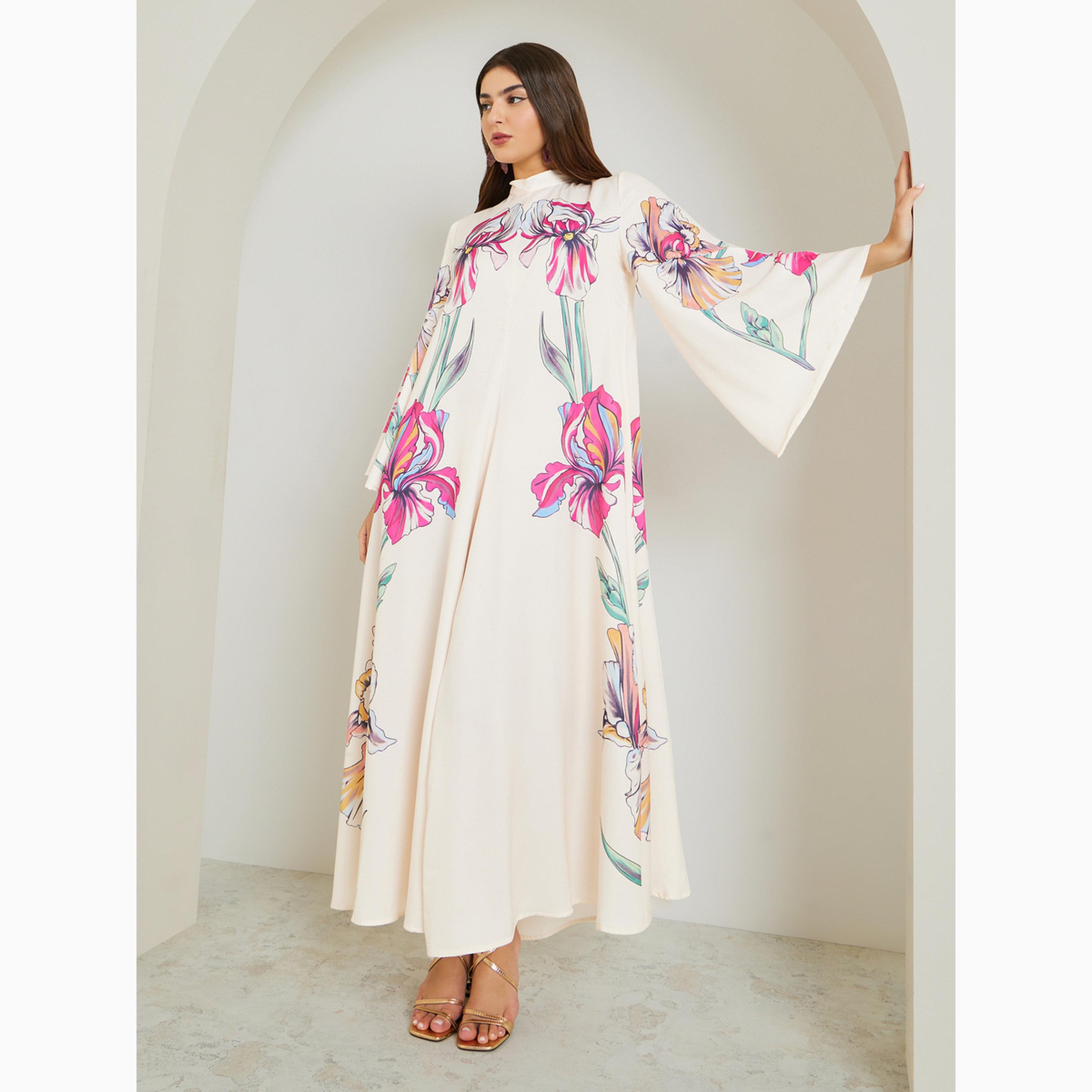 جلابية طويلة بطبعة زهور ومزينة بفيونكة-women-arabicclothing-jalabiyas-image-1