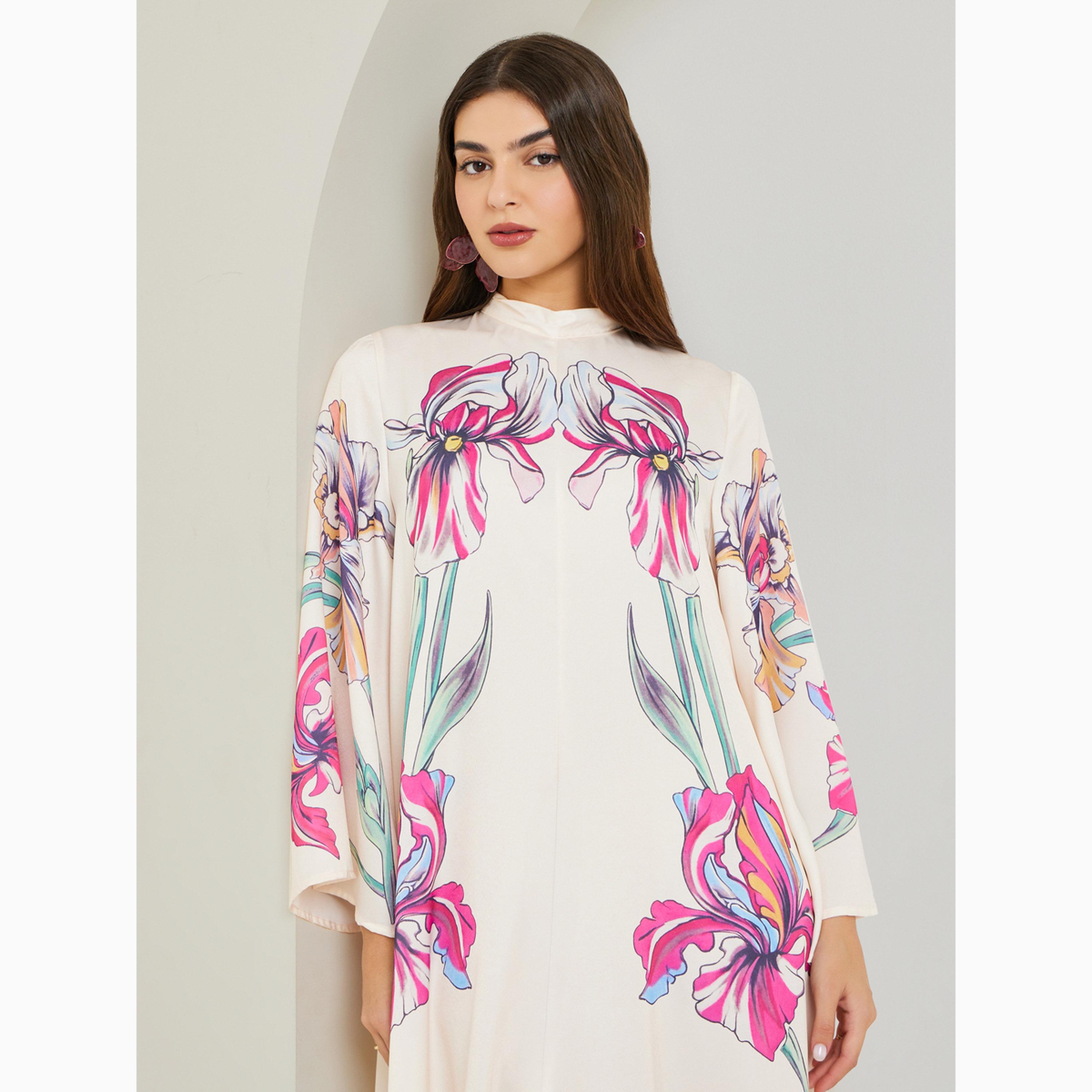جلابية طويلة بطبعة زهور ومزينة بفيونكة-women-arabicclothing-jalabiyas-image-2