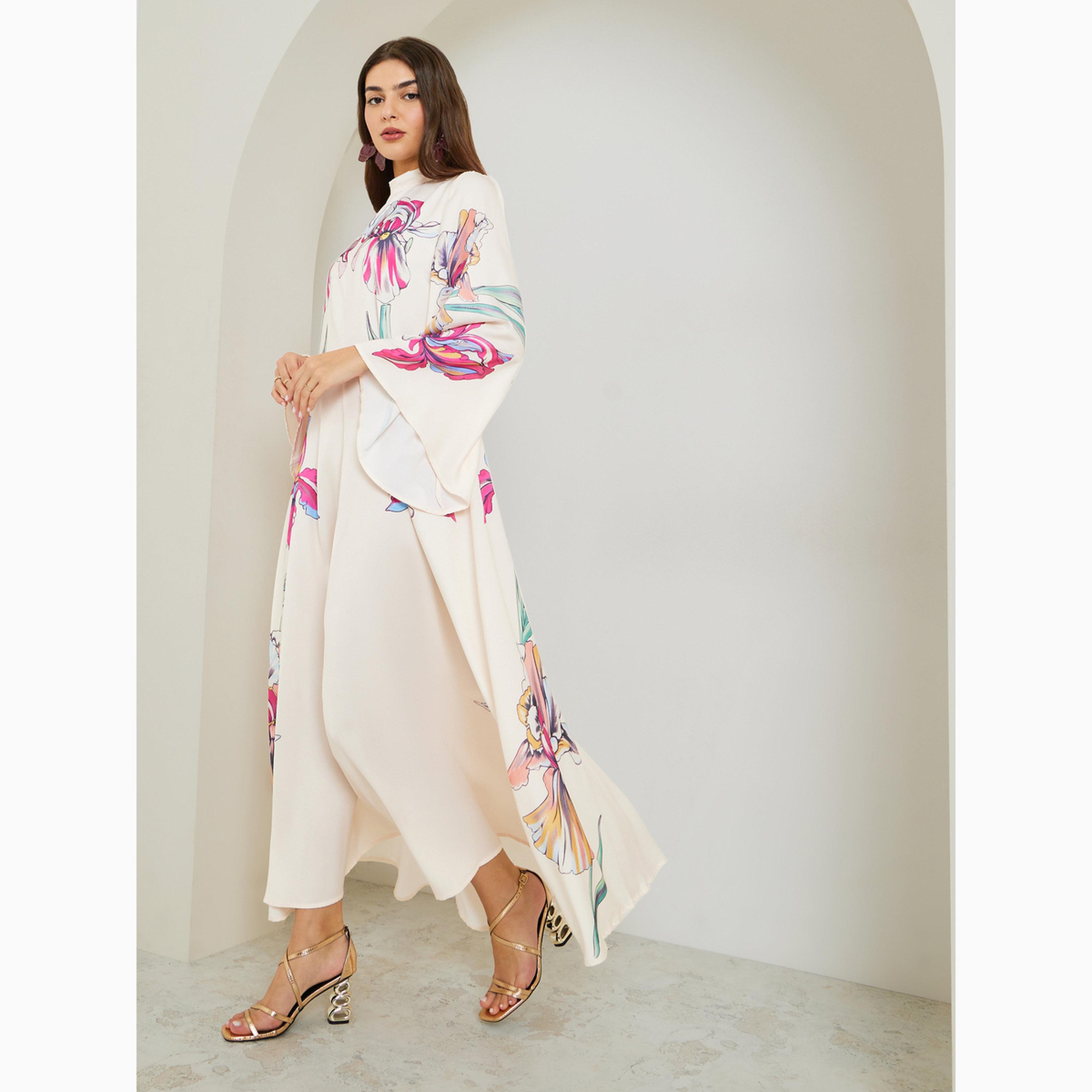 جلابية طويلة بطبعة زهور ومزينة بفيونكة-women-arabicclothing-jalabiyas-image-3