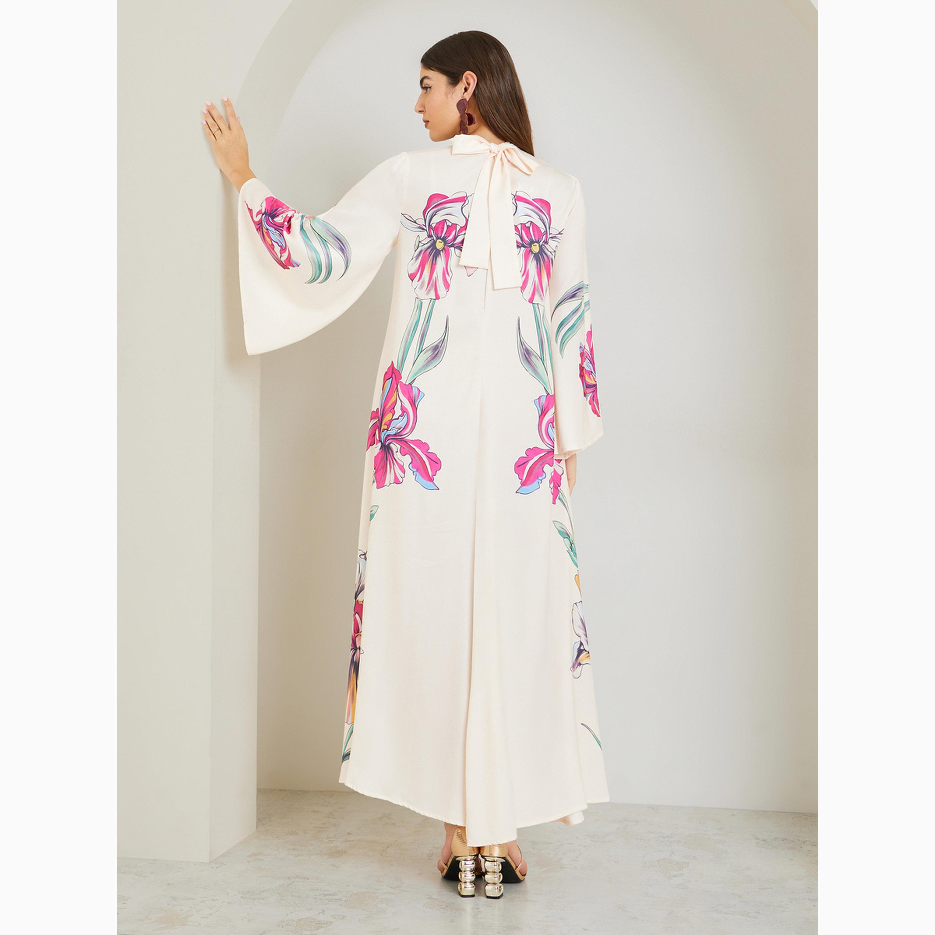جلابية طويلة بطبعة زهور ومزينة بفيونكة-women-arabicclothing-jalabiyas-image-5