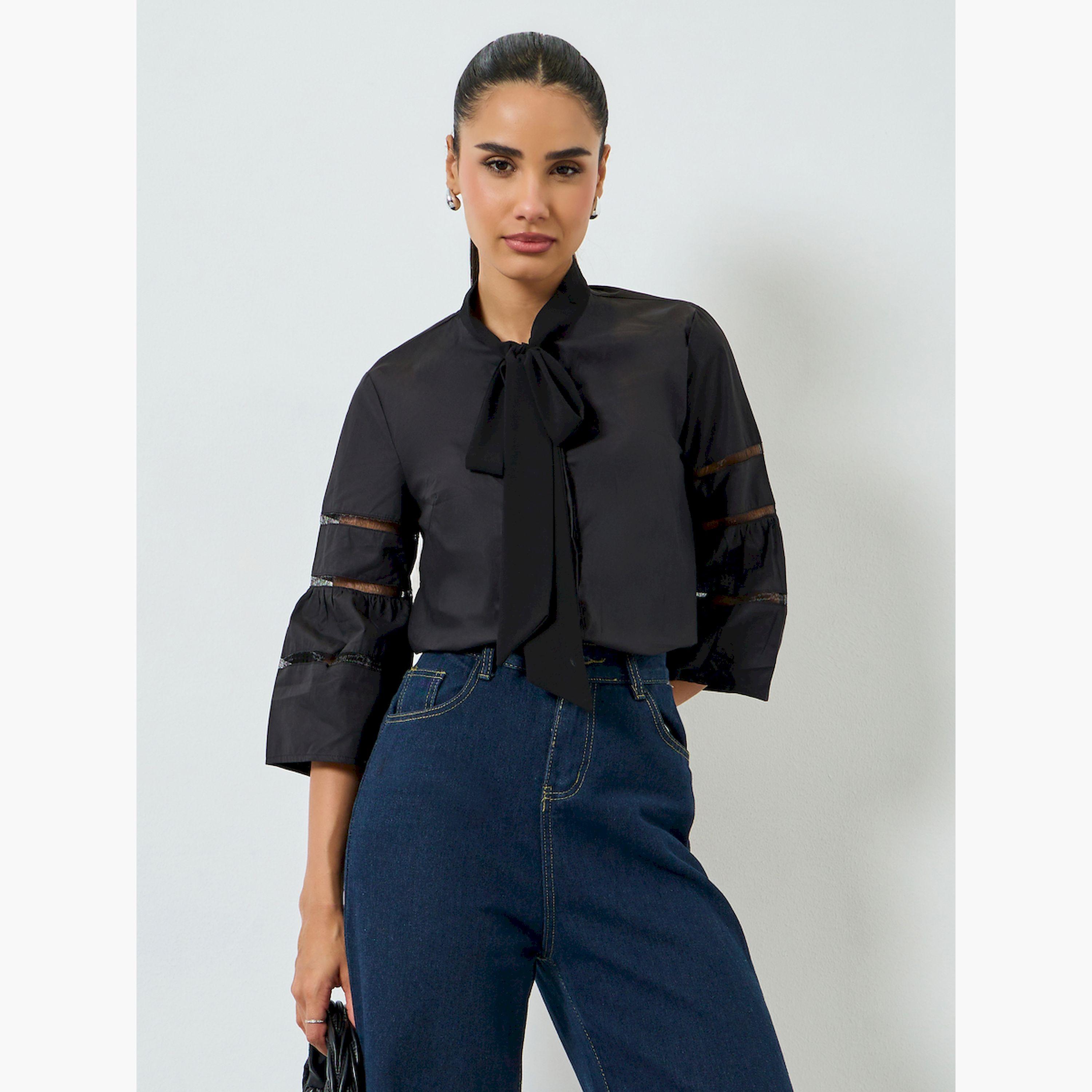 بلوزة بأربطة عنق وأكمام 3/4-women-clothing-shirtsandblouses-blouses-image-1