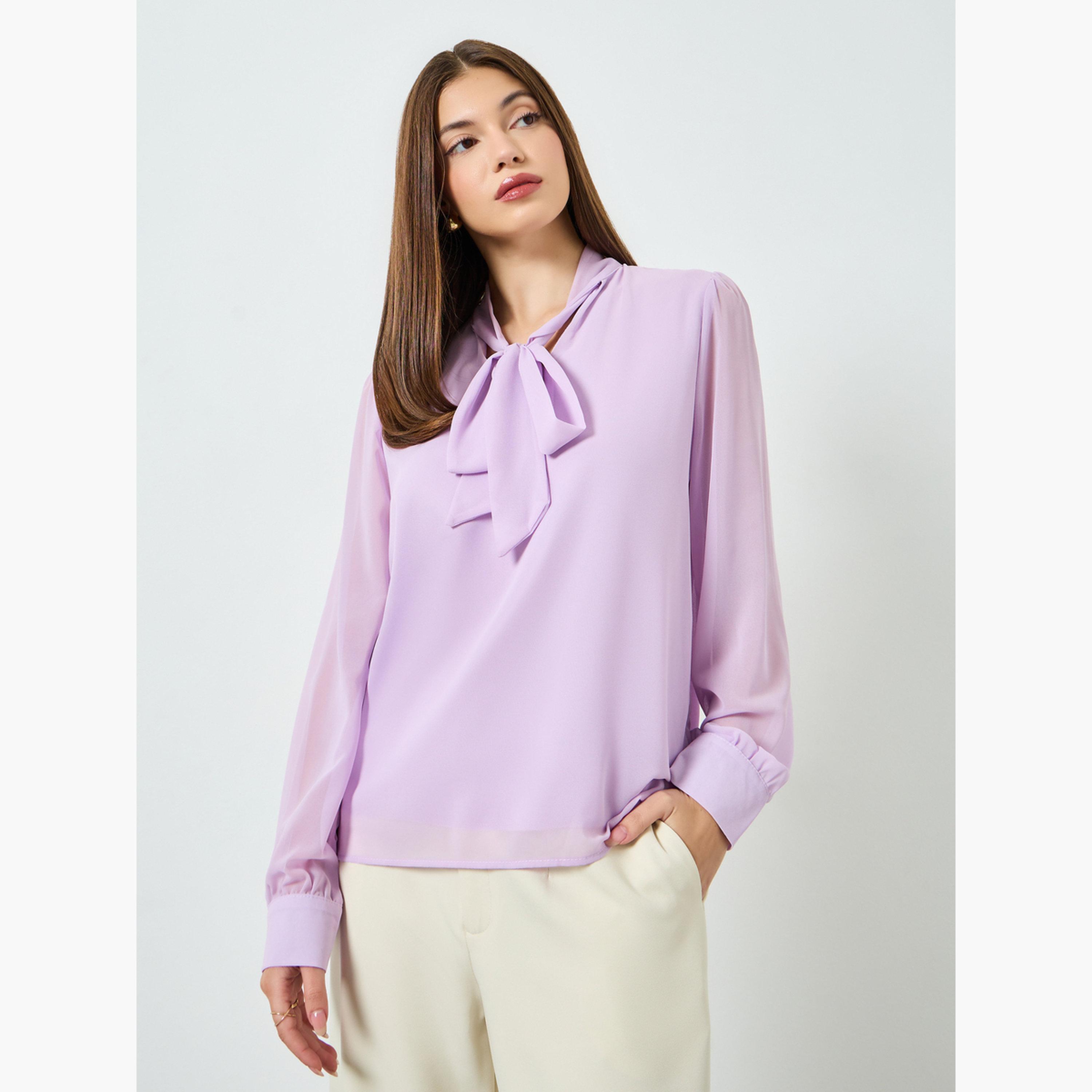 بلوزة بنفسجية بأكمام طويلة وربطة عنق-women-clothing-shirtsandblouses-blouses-image-1
