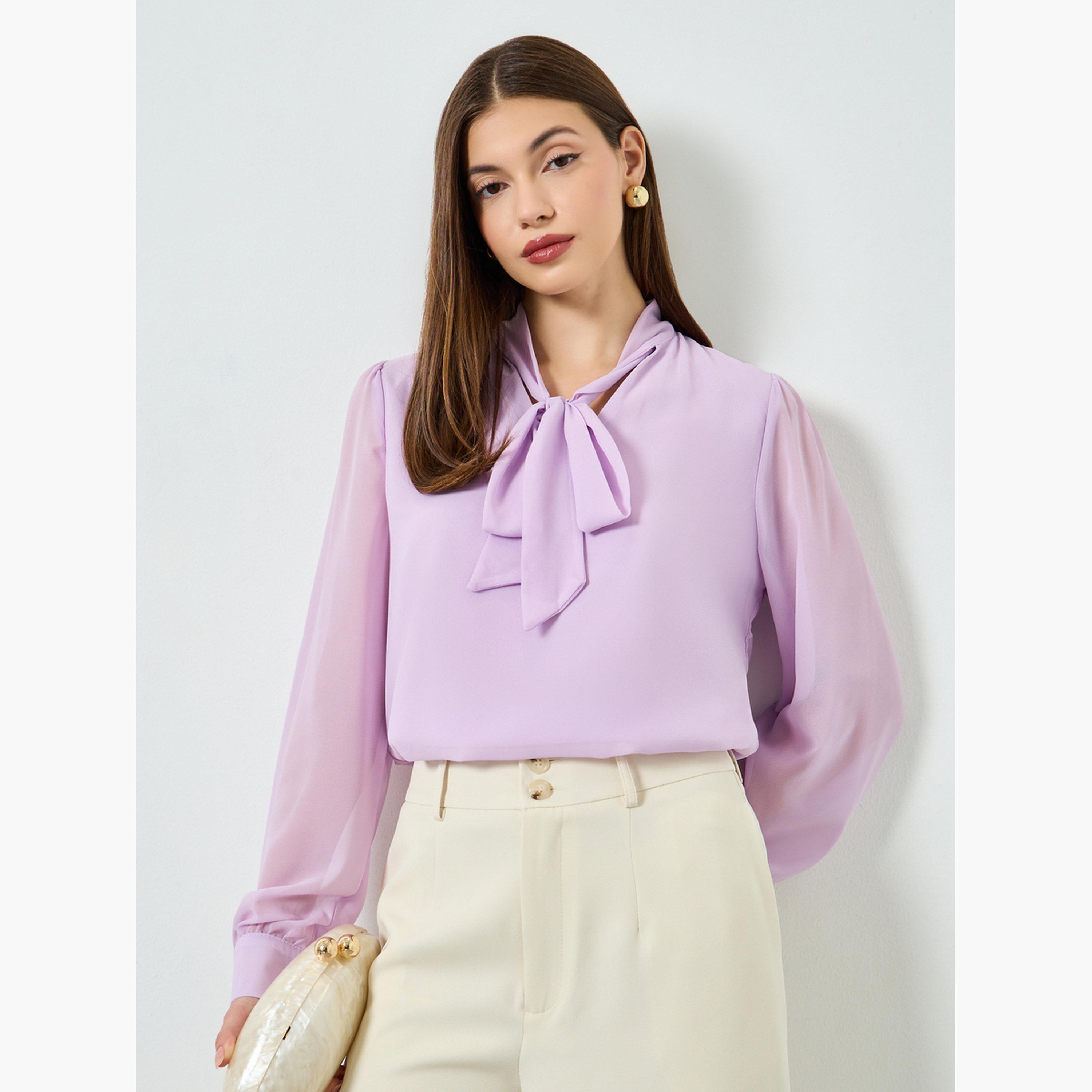 بلوزة بنفسجية بأكمام طويلة وربطة عنق-women-clothing-shirtsandblouses-blouses-image-3
