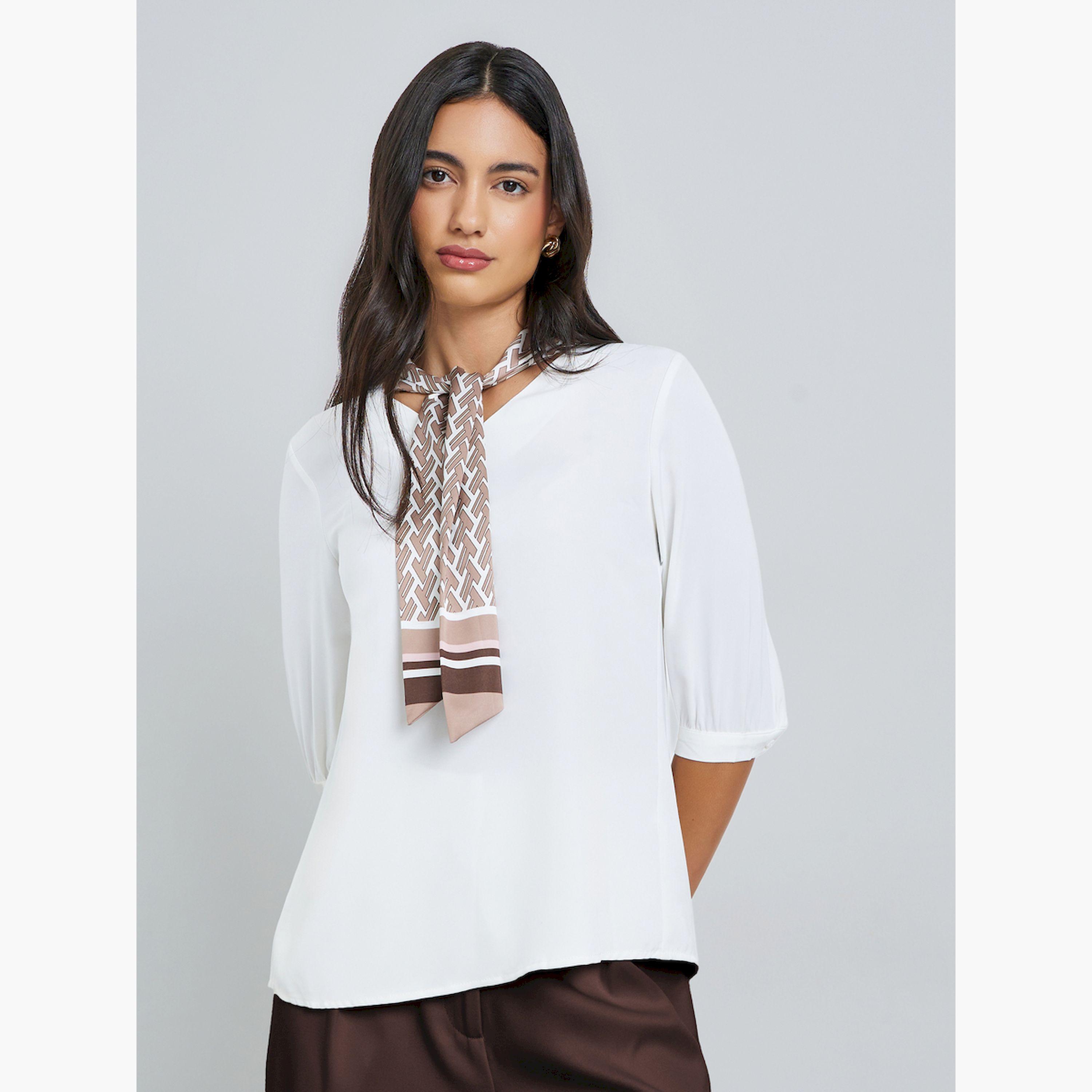 Styli White Solid Blouse with Printed Scarf-women-clothing-shirtsandblouses-blouses-image-1
