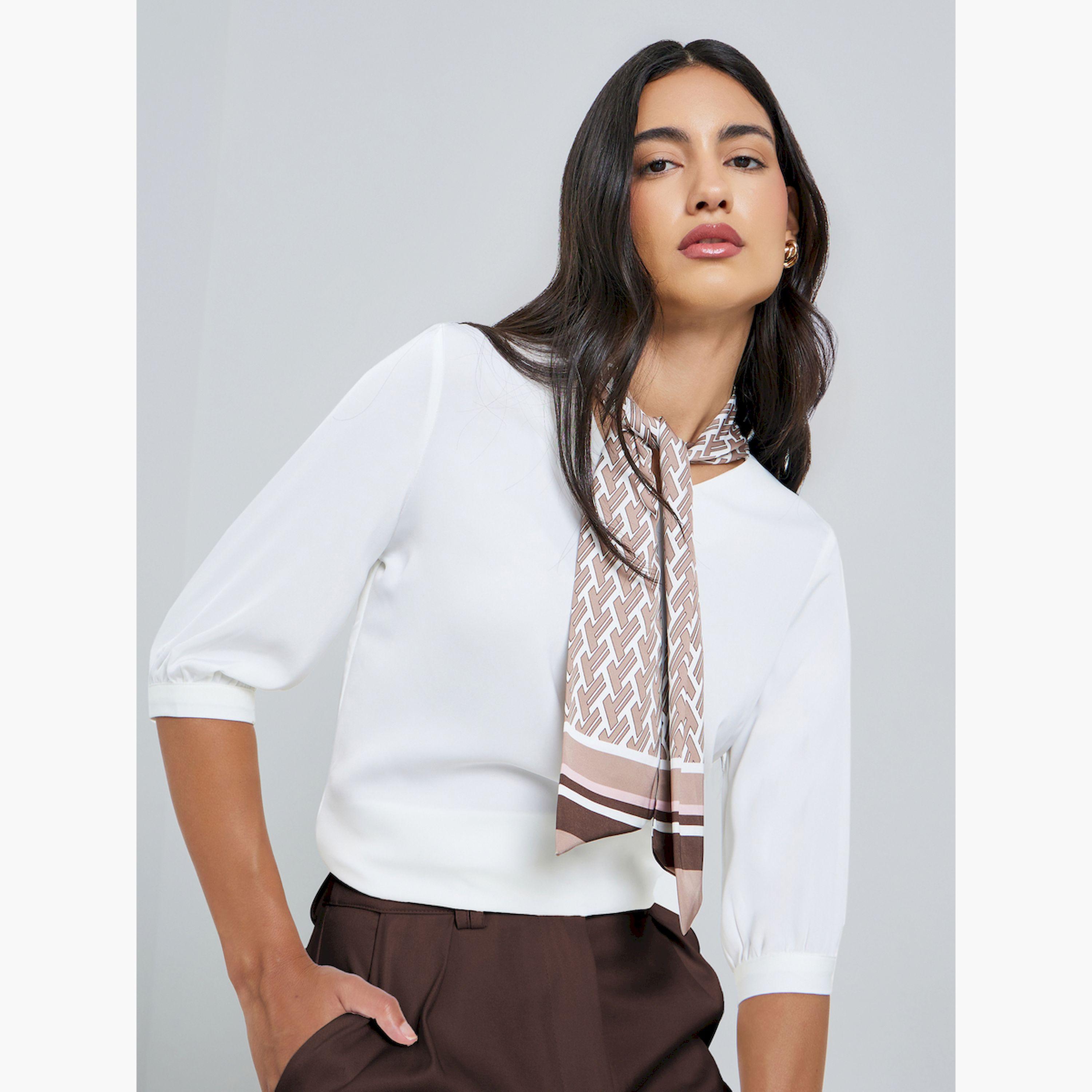 بلوزة سادة مع وشاح مطبوع-women-clothing-shirtsandblouses-blouses-image-3