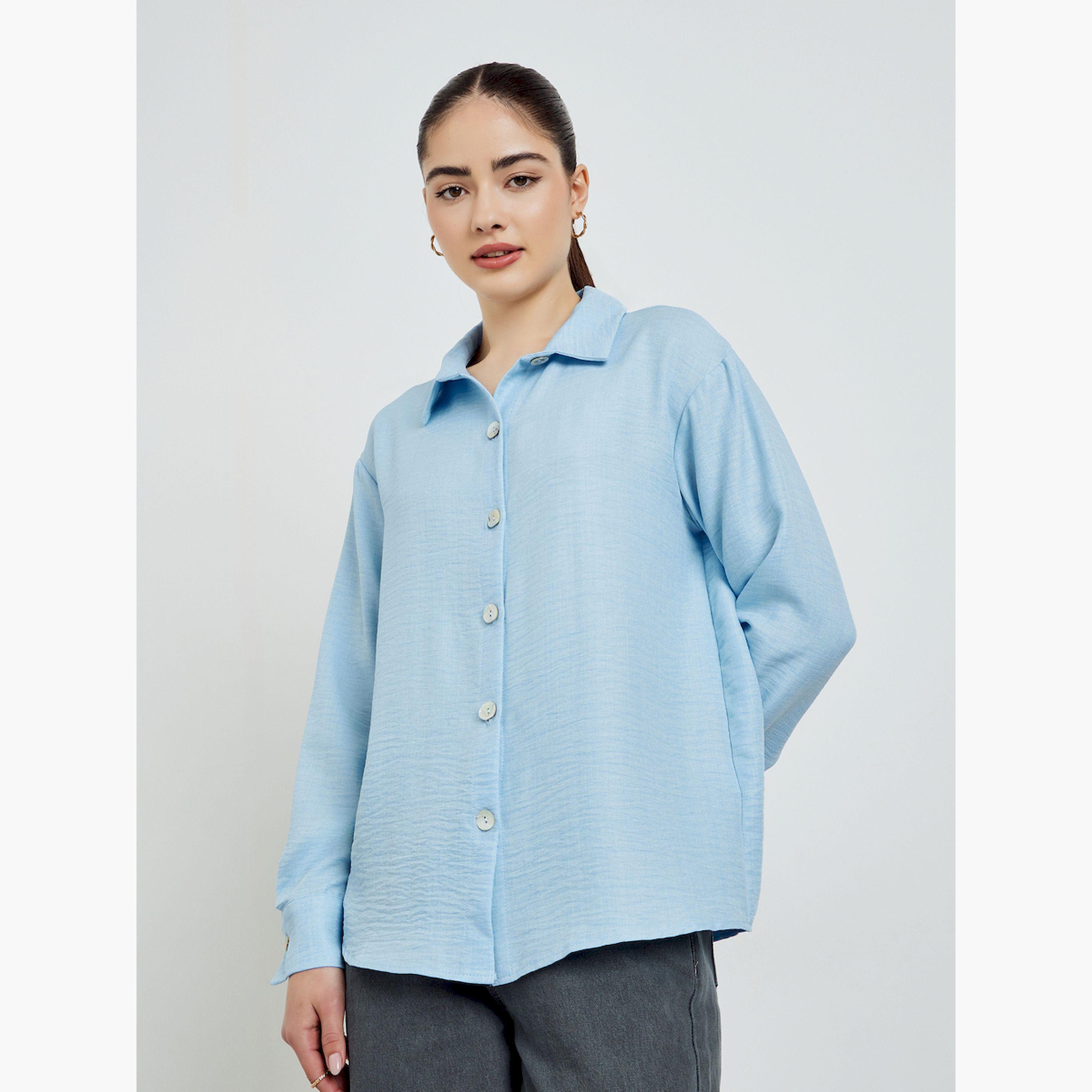 Styli Blue Oversize Button-Down Shirt-women-clothing-shirtsandblouses-shirts-image-1