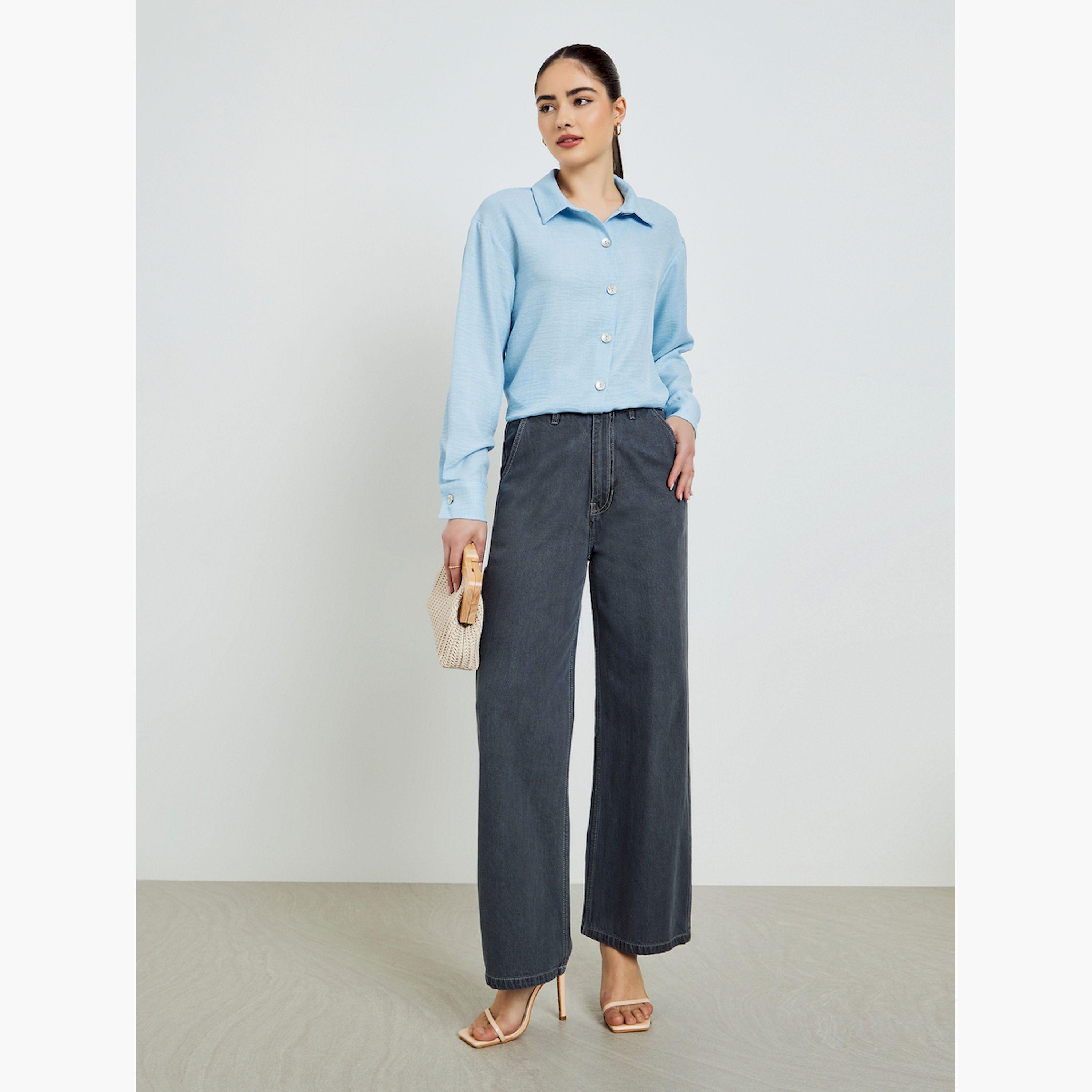 Styli Blue Oversize Button-Down Shirt-women-clothing-shirtsandblouses-shirts-image-2