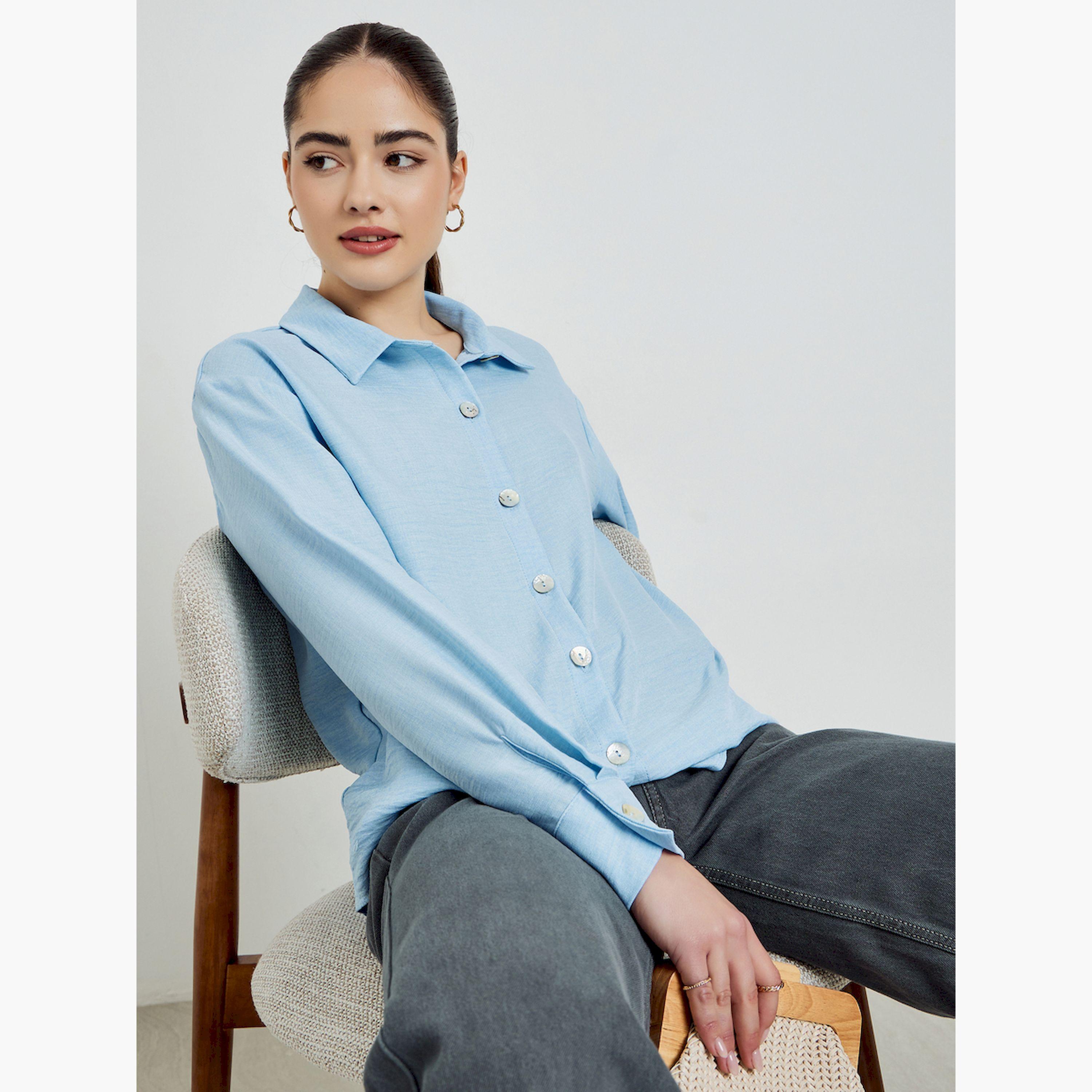 Styli Blue Oversize Button-Down Shirt-women-clothing-shirtsandblouses-shirts-image-3