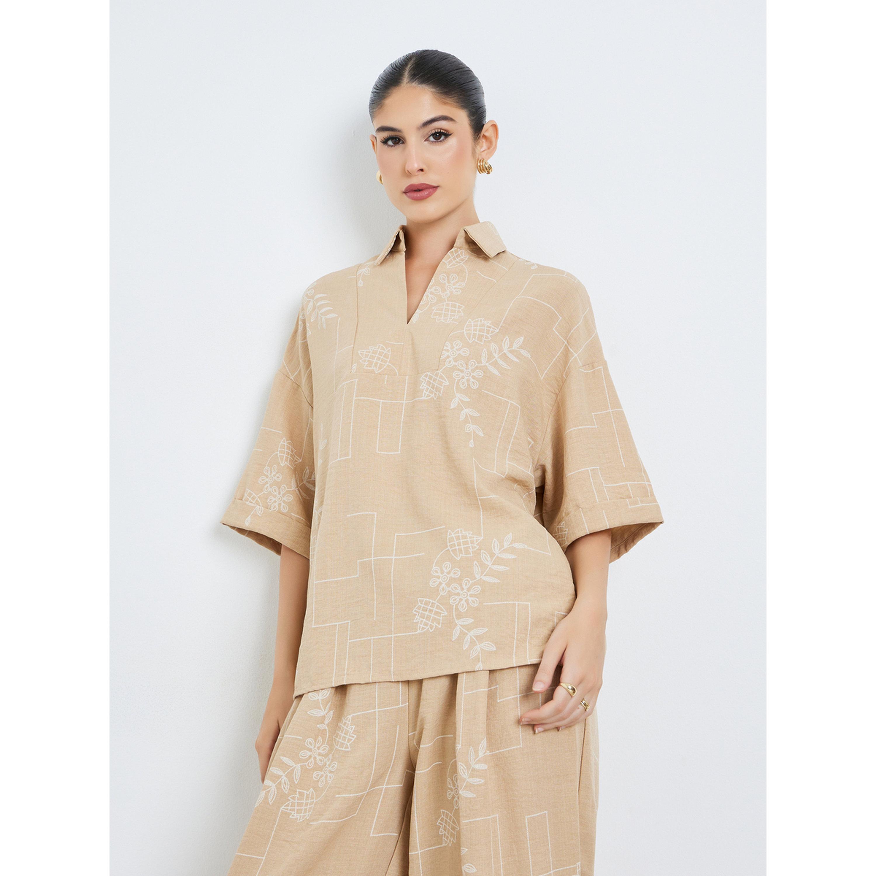 Styli Beige Floral Print Open Collar Top and Pants Modest Set-women-arabicclothing-sets-image-1