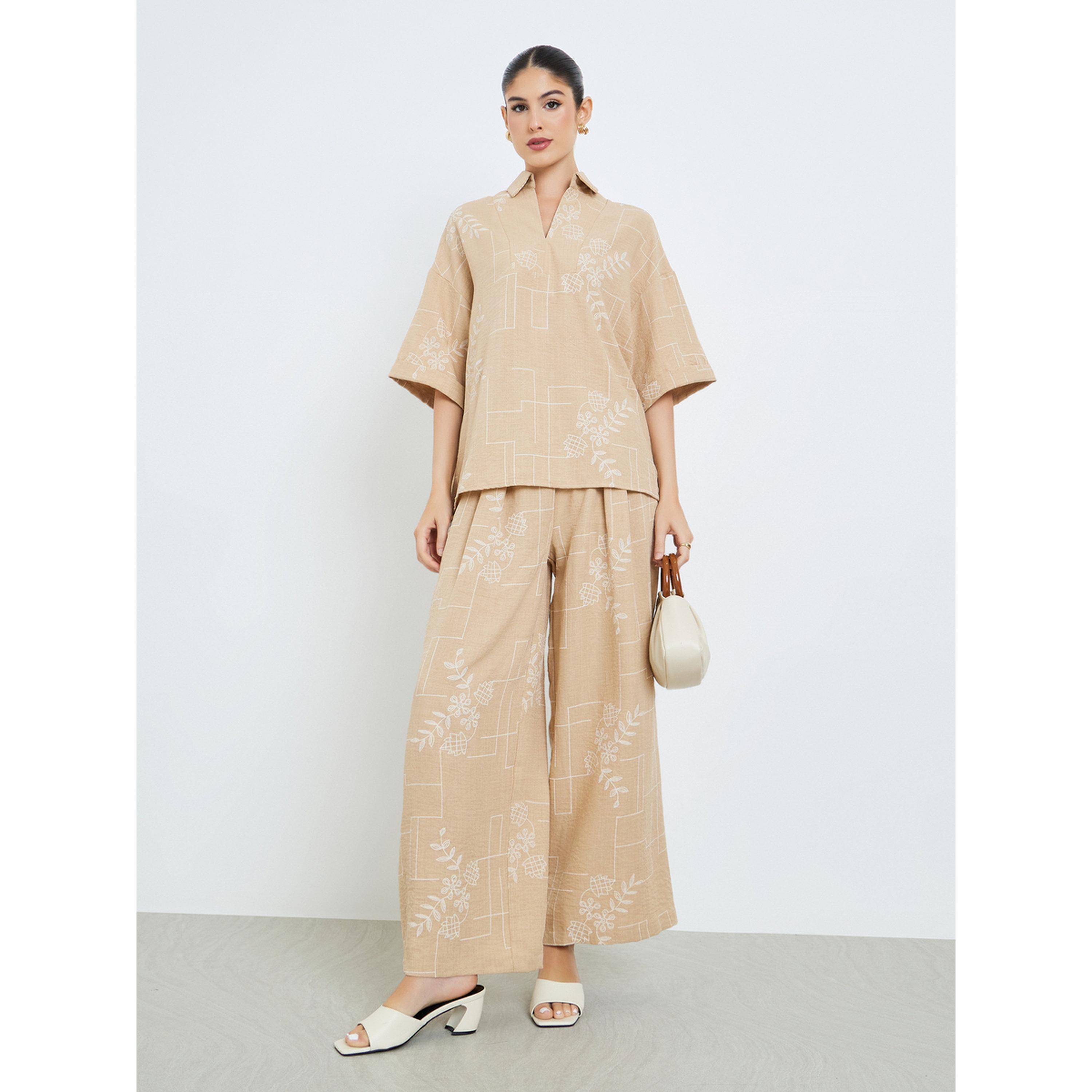 Styli Beige Floral Print Open Collar Top and Pants Modest Set-women-arabicclothing-sets-image-2