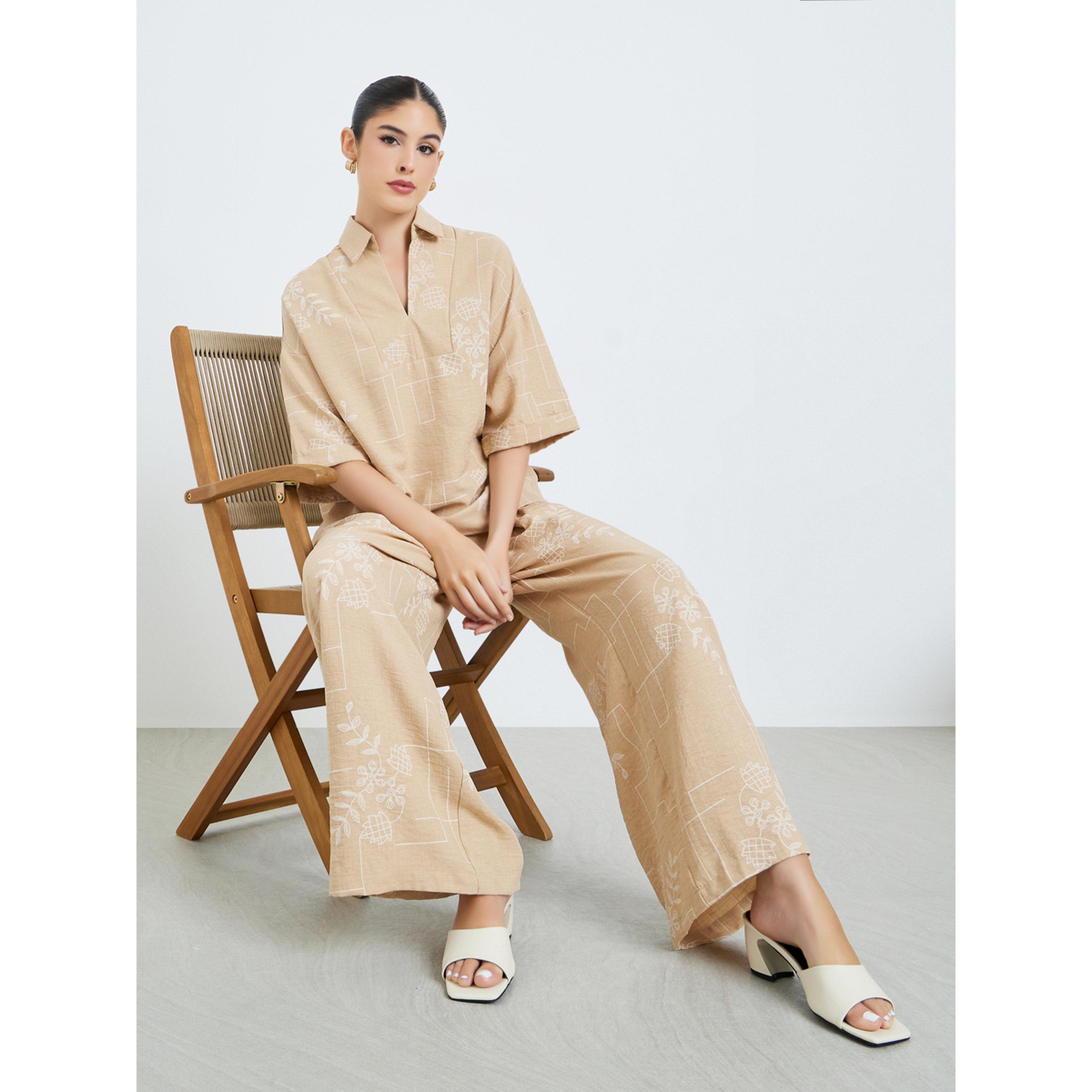 Styli Beige Floral Print Open Collar Top and Pants Modest Set-women-arabicclothing-sets-image-3
