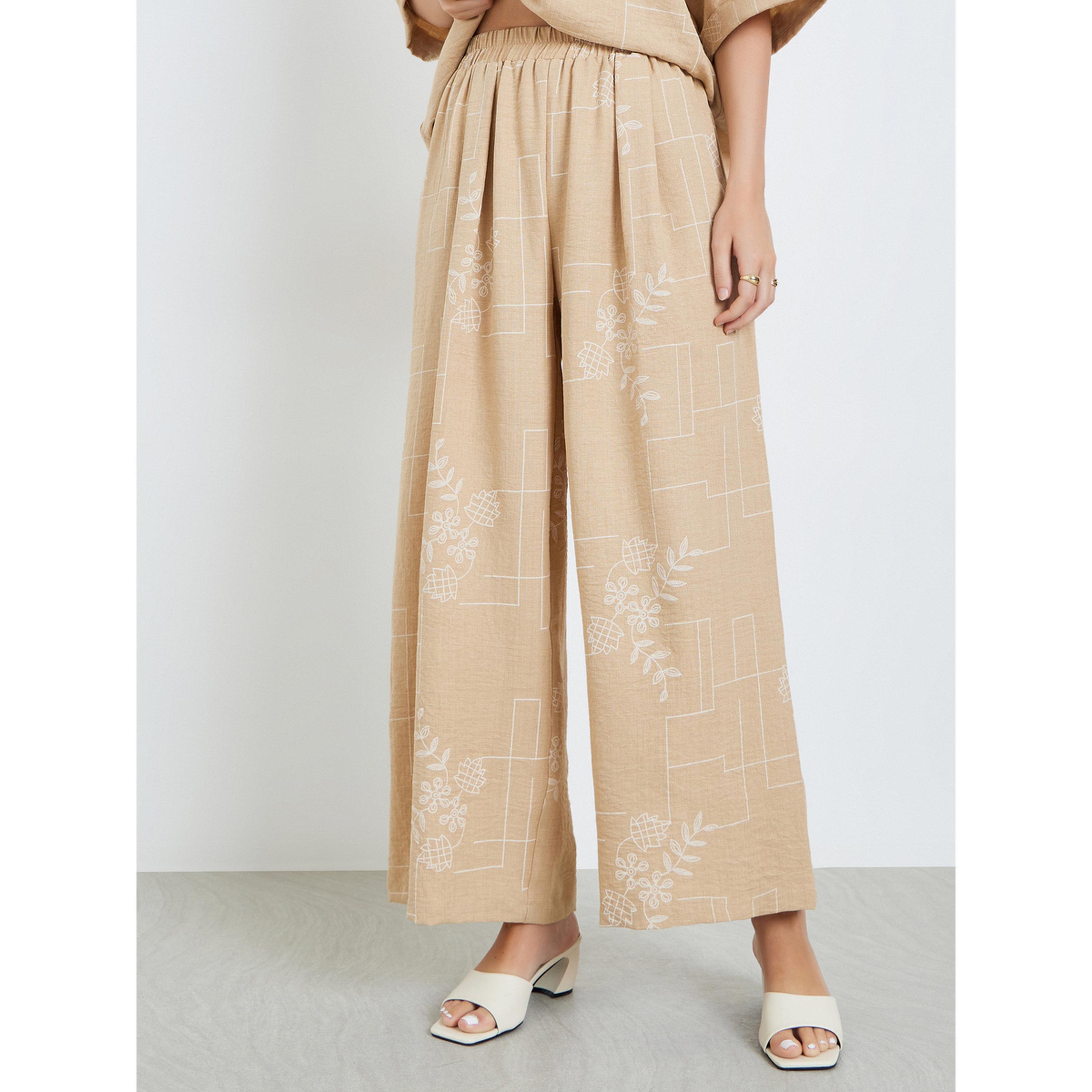 Styli Beige Floral Print Open Collar Top and Pants Modest Set-women-arabicclothing-sets-image-5