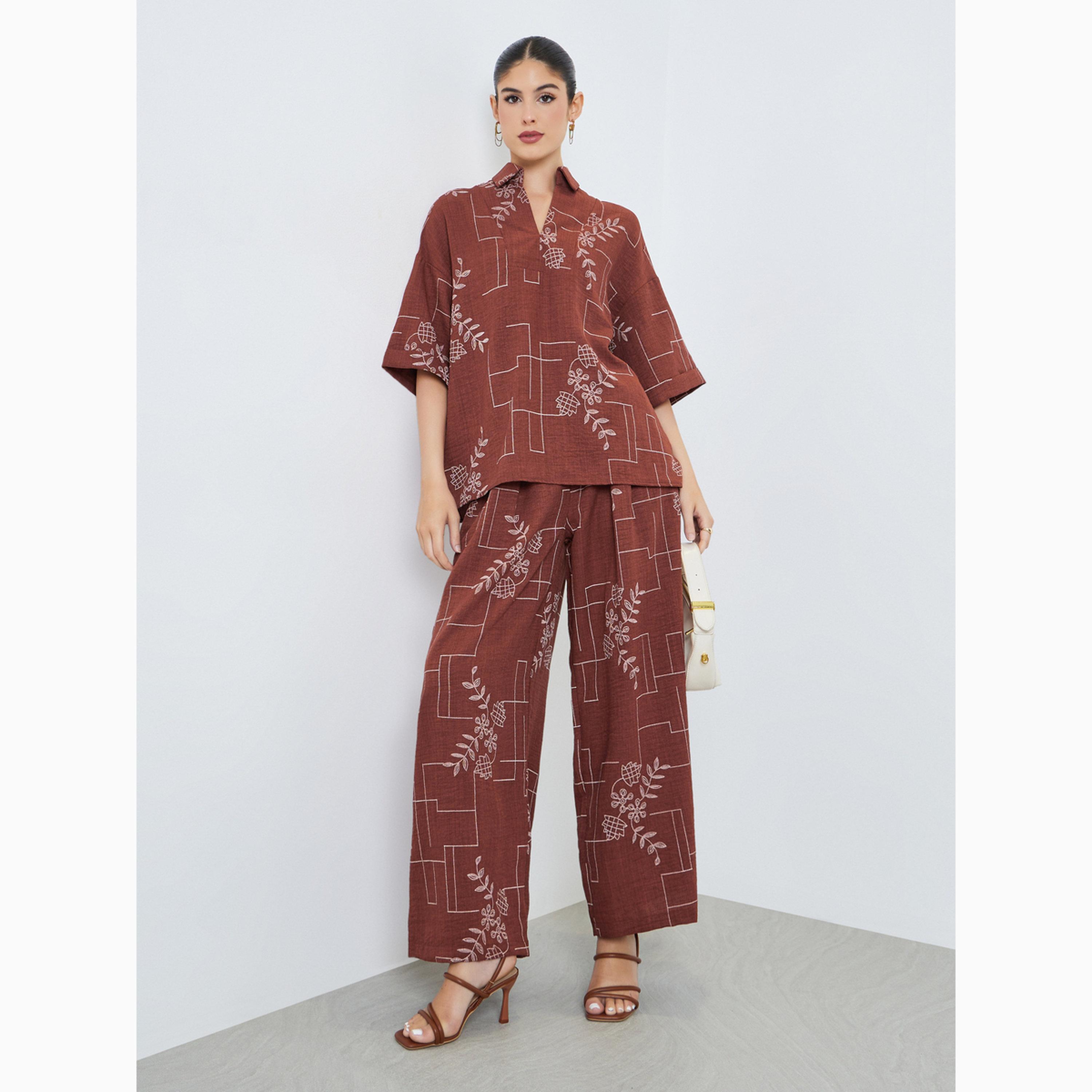 Amirah X Styli Rust Floral Print Open Collar Top and Pants Modest Set-women-arabicclothing-sets-image-1