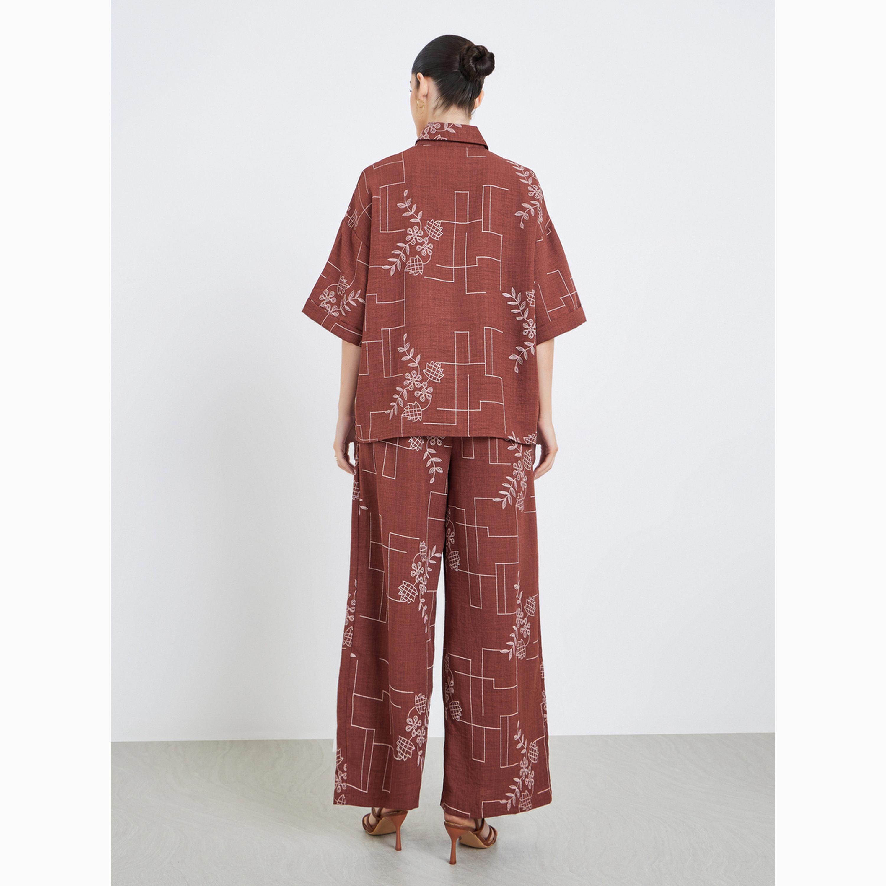 Amirah X Styli Rust Floral Print Open Collar Top and Pants Modest Set-women-arabicclothing-sets-image-5