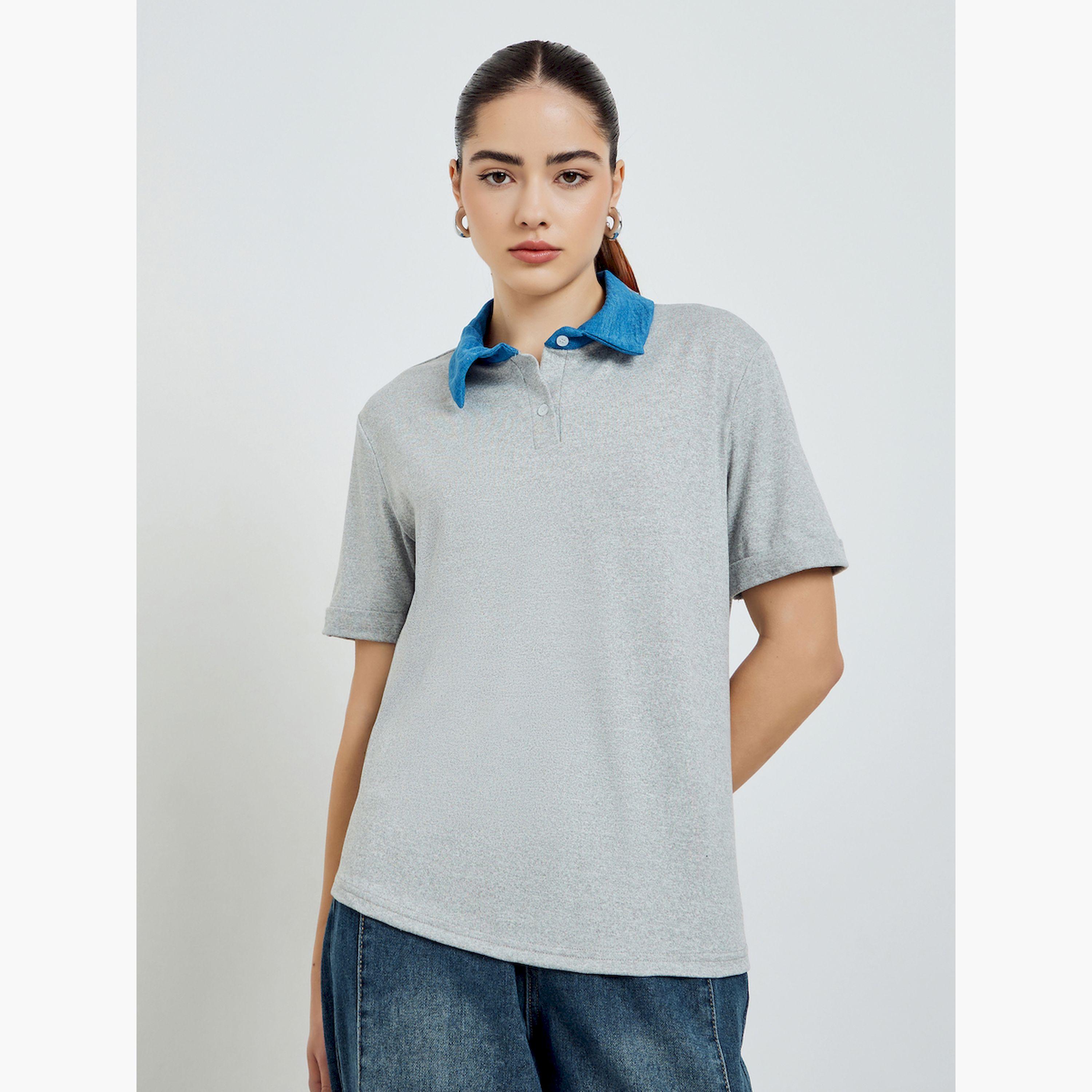 Styli Grey Contrast Collar Polo T-Shirt-women-clothing-tshirts-image-1