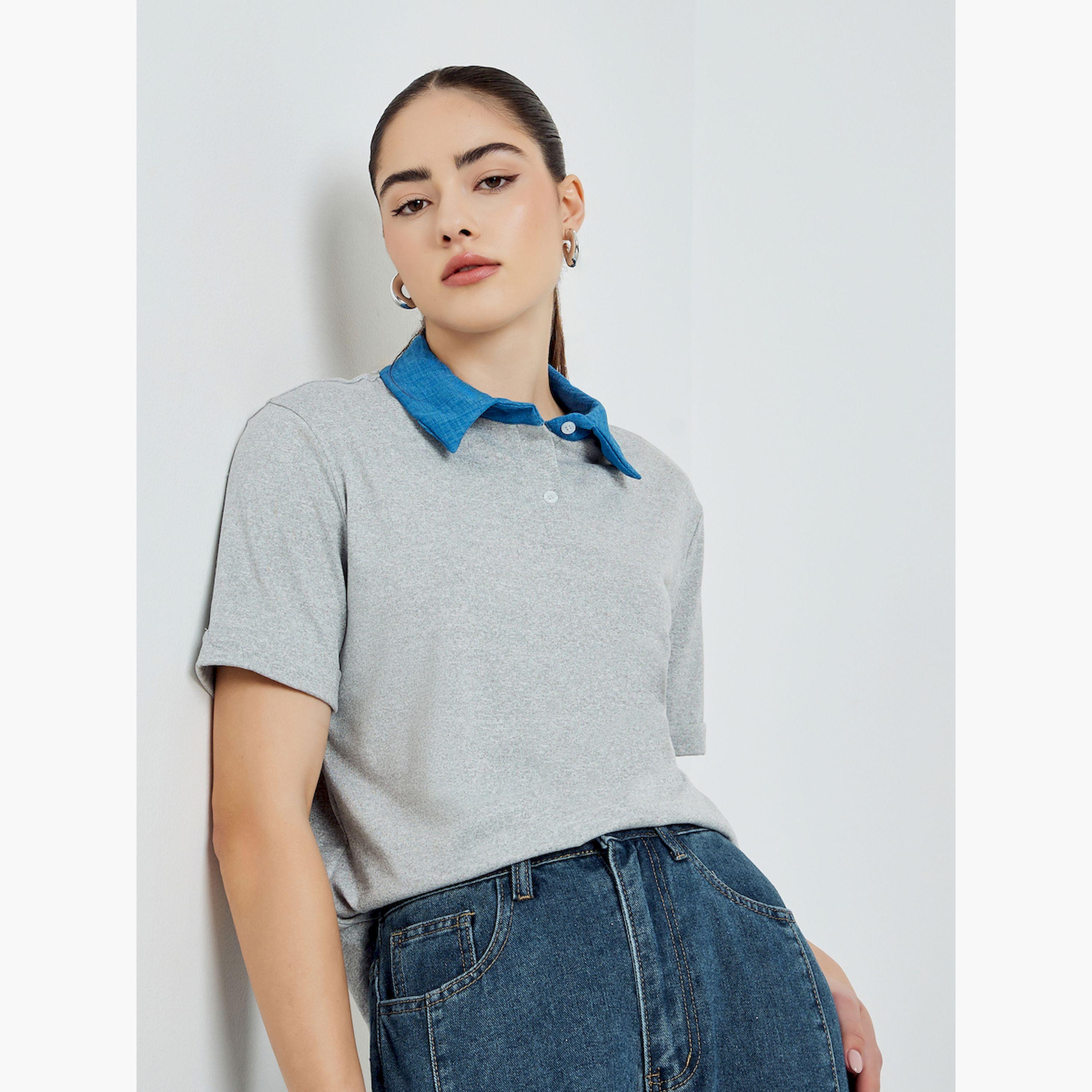 Styli Grey Contrast Collar Polo T-Shirt-women-clothing-tshirts-image-3