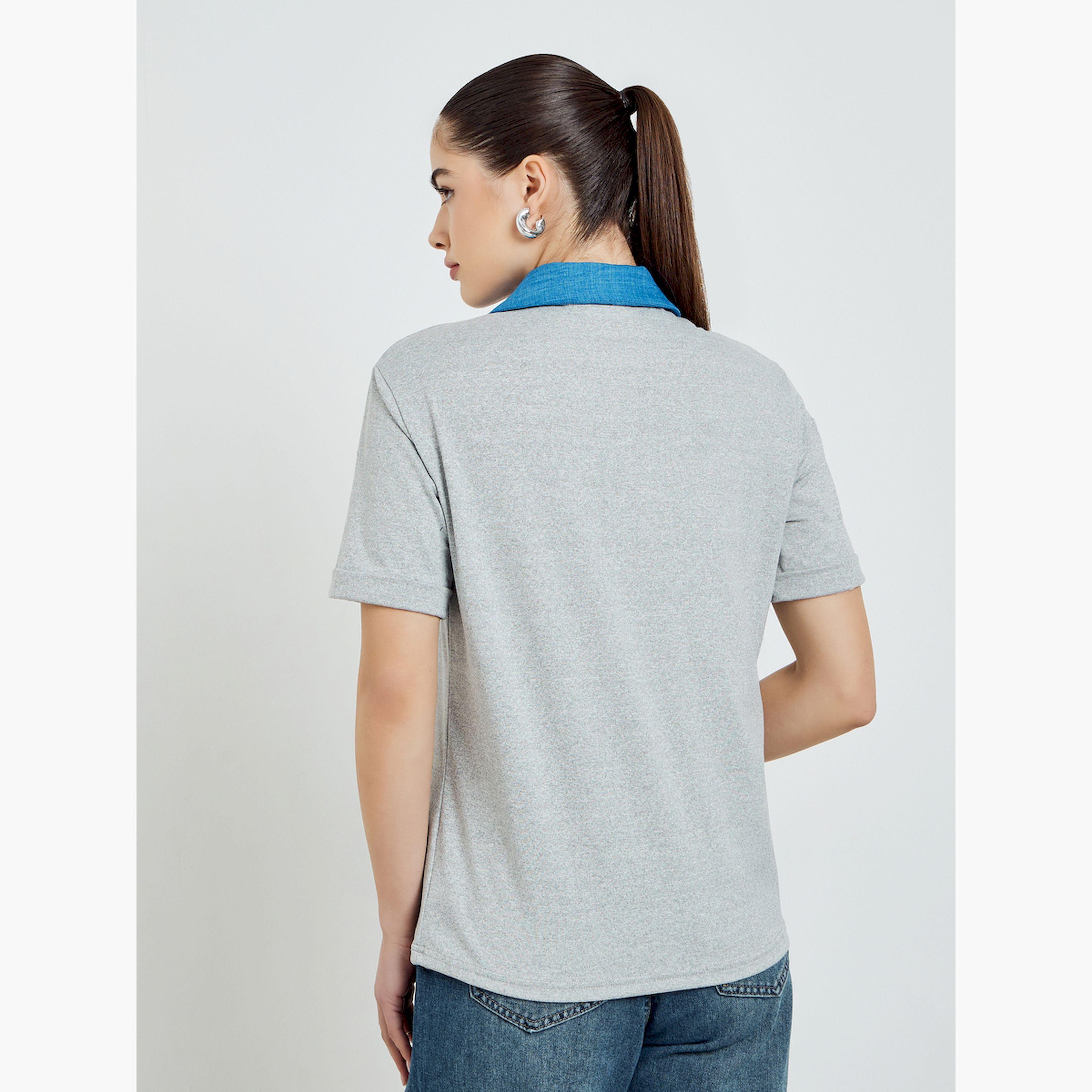 Styli Grey Contrast Collar Polo T-Shirt-women-clothing-tshirts-image-4