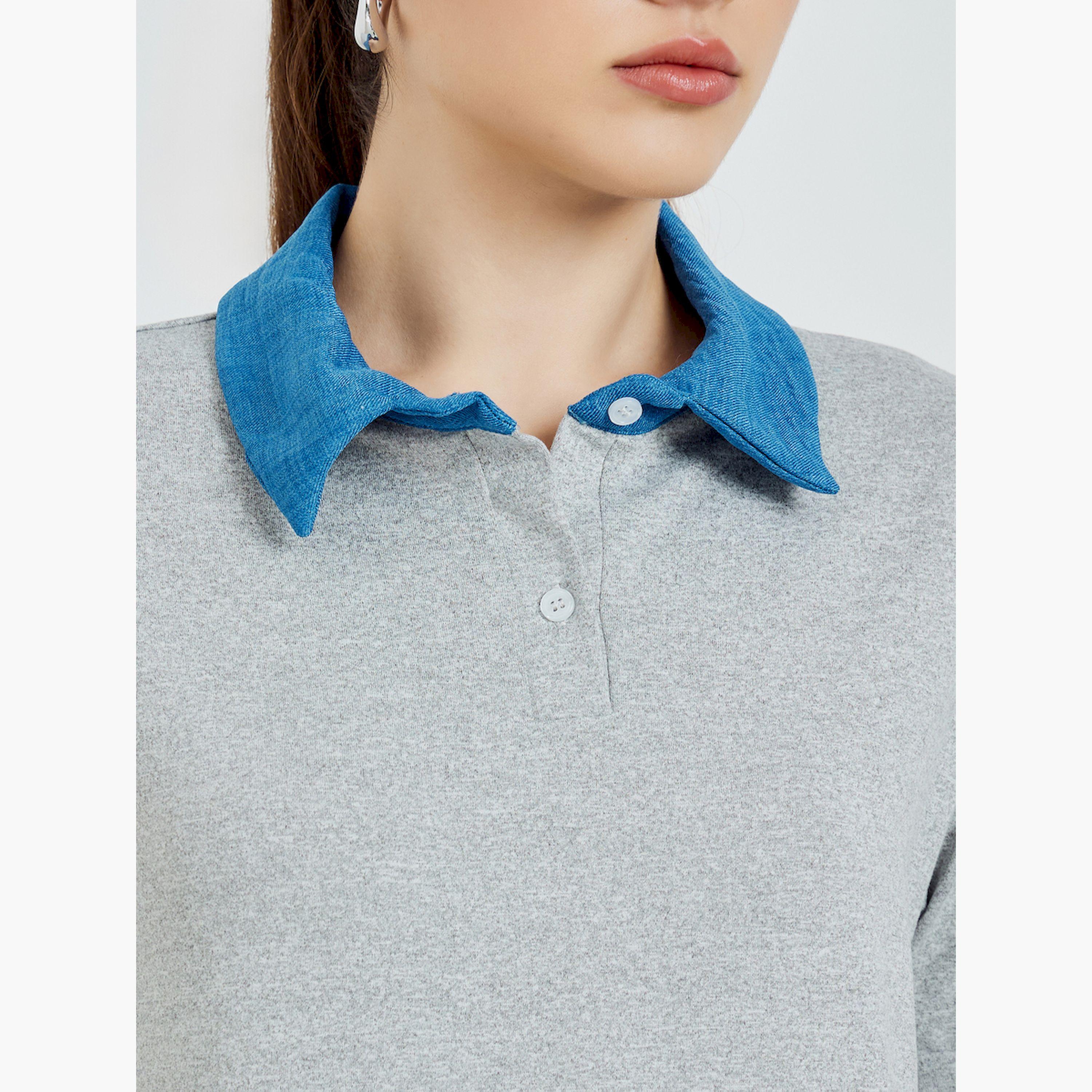 Styli Grey Contrast Collar Polo T-Shirt-women-clothing-tshirts-image-5