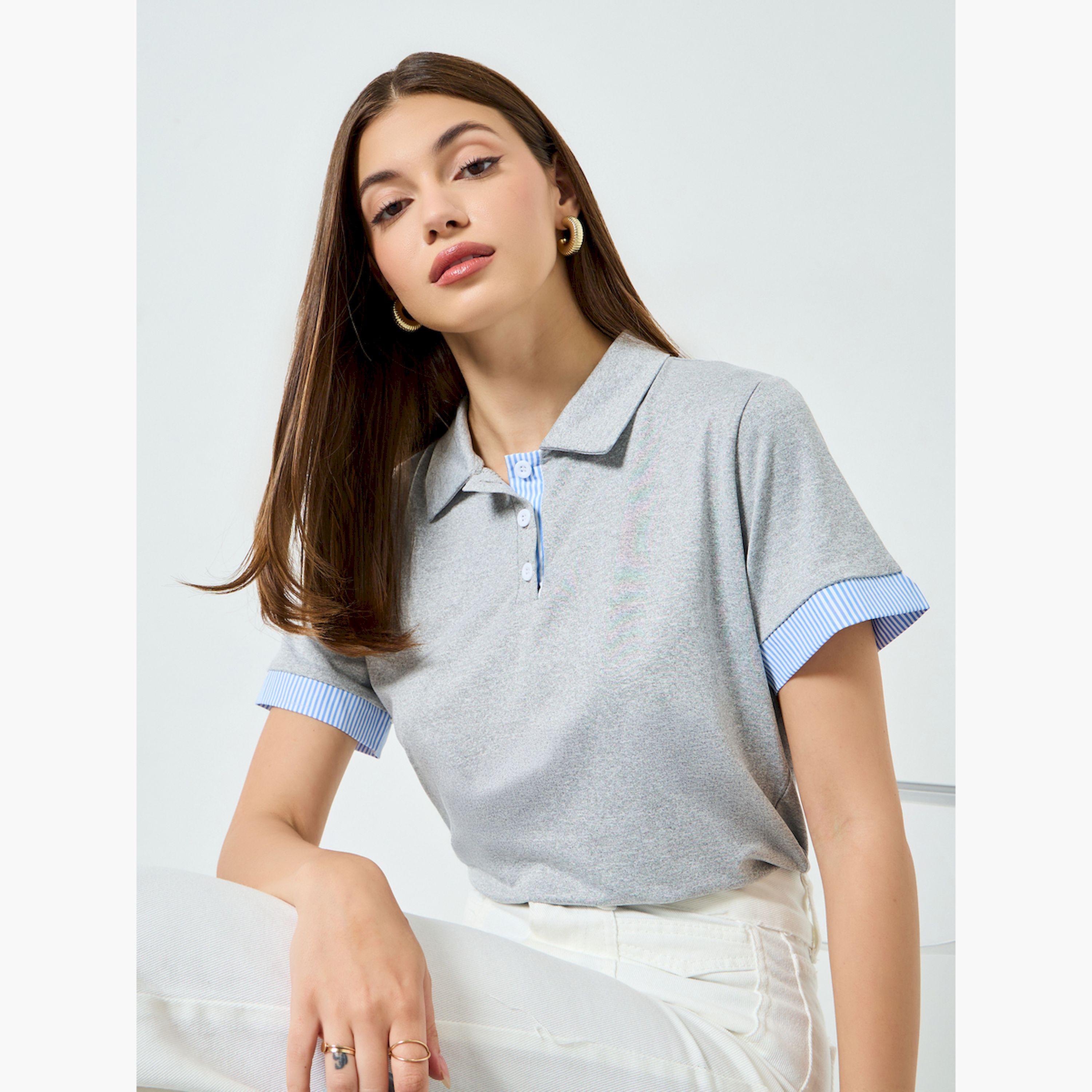 Styli Grey Contrast Trim Polo T-Shirt-women-clothing-tshirts-image-3