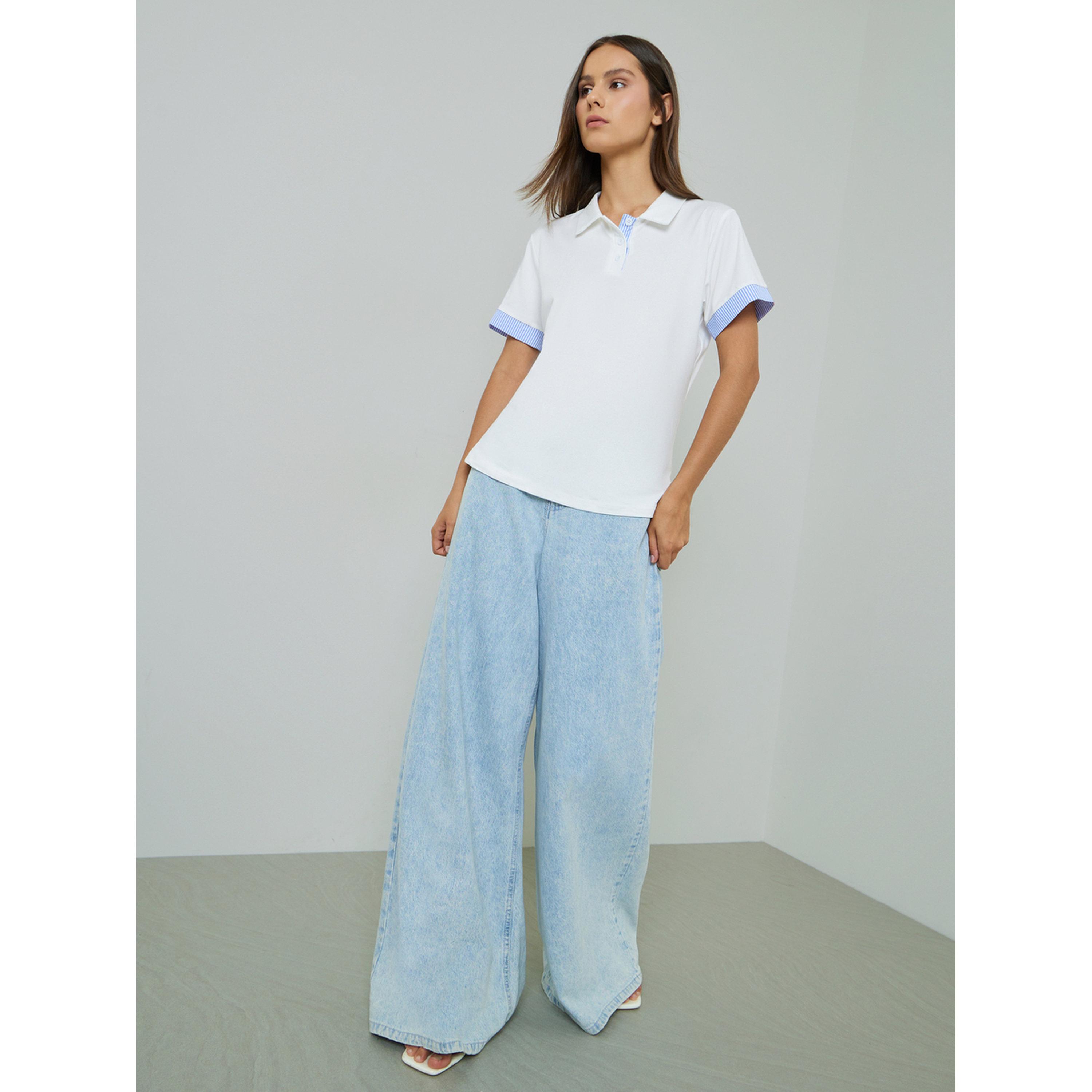 تيشيرت بولو بأطراف متباينة باللون الأبيض-women-clothing-tshirts-image-2