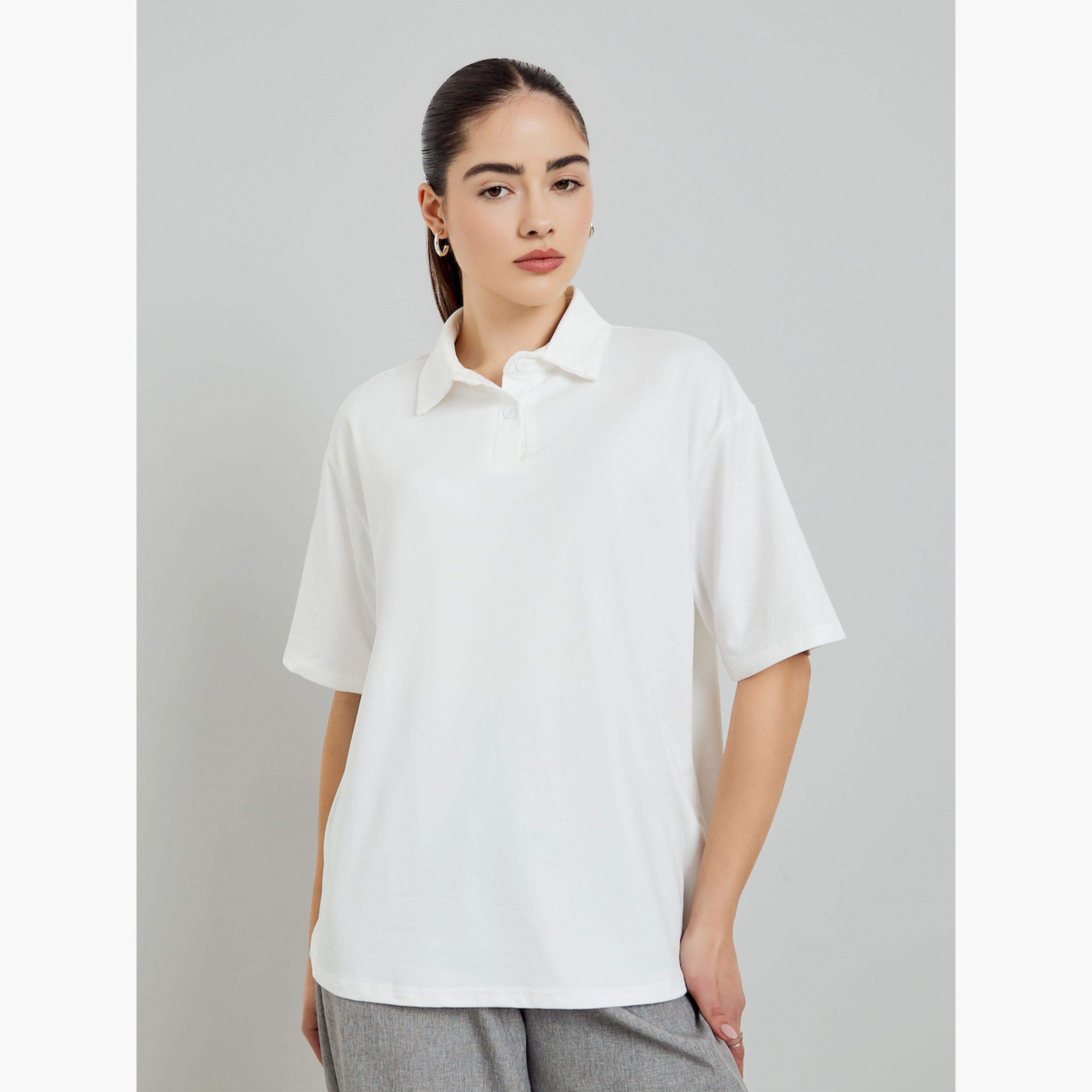 Styli White Short Sleeve Knitted Polo T-Shirt-women-clothing-tshirts-image-1