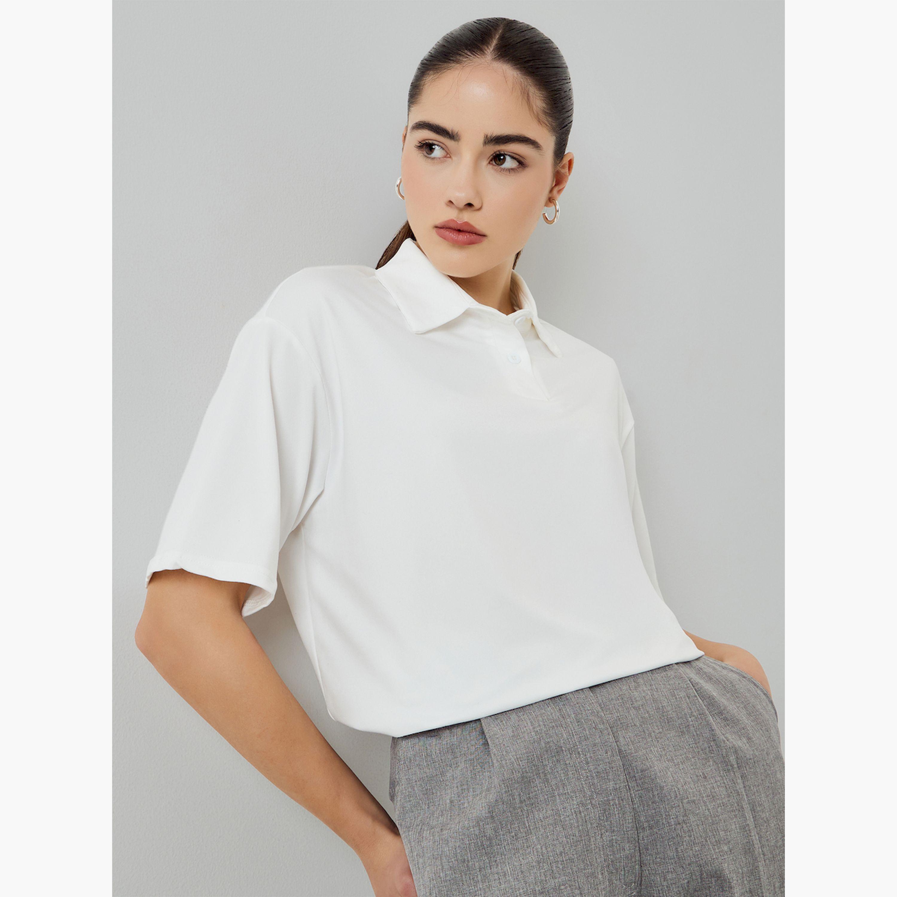 Styli White Short Sleeve Knitted Polo T-Shirt-women-clothing-tshirts-image-3